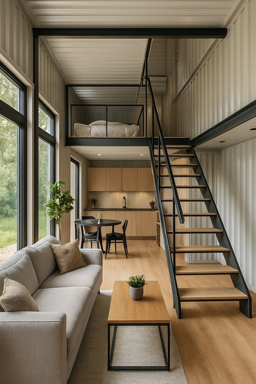 Interior view of a two-storey small container house with an open living area, kitchen, dining space, and a staircase leading to an upper loft.