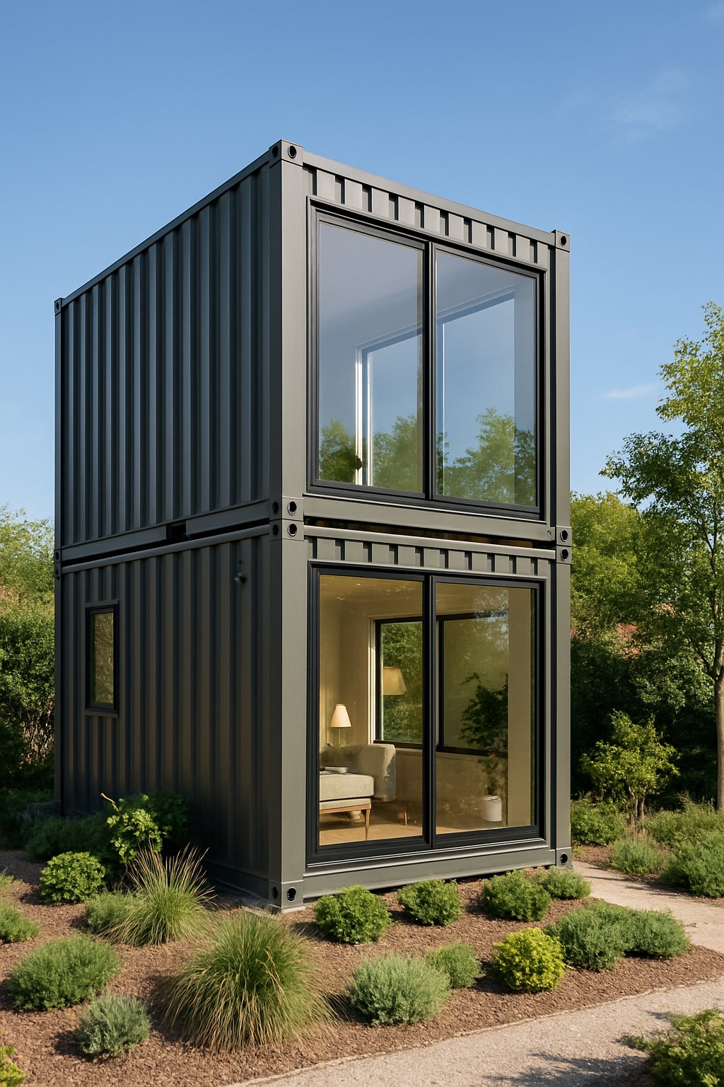 Two-storey small container house with large windows letting in natural light surrounded by greenery.