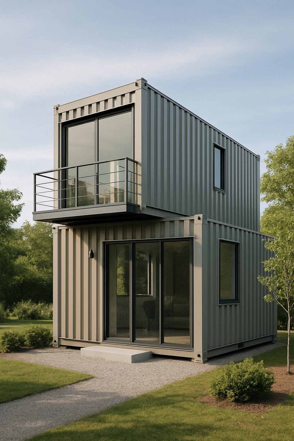 A two-storey small container house made from stacked shipping containers with large windows and a small balcony, surrounded by greenery.