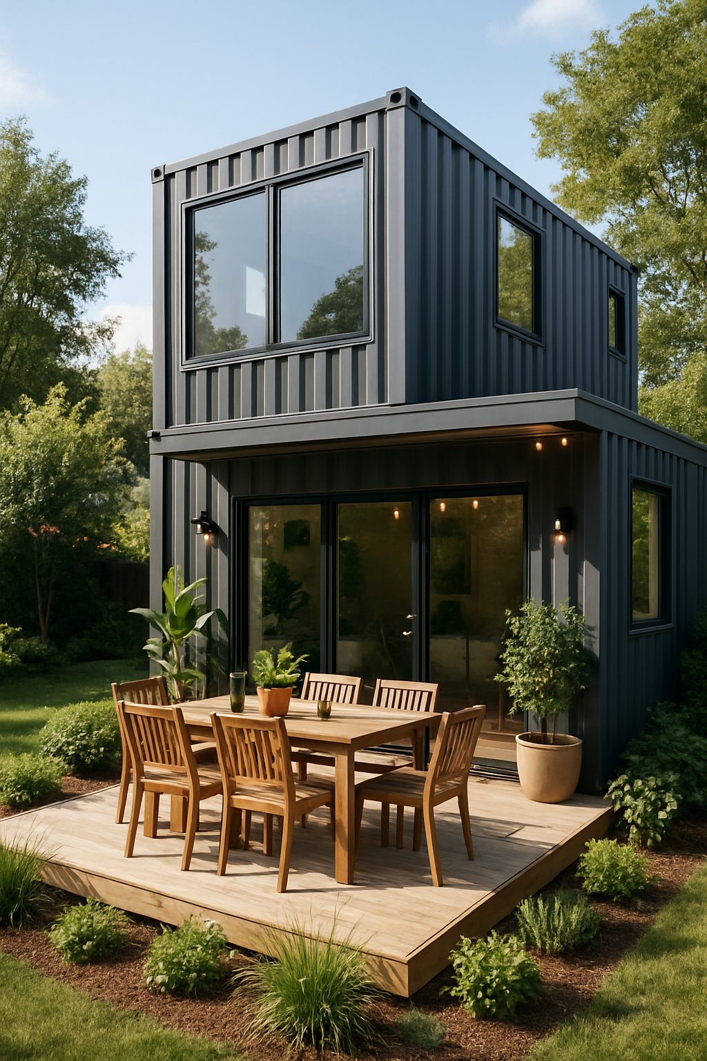 Two-storey small container house with an outdoor dining deck surrounded by greenery.