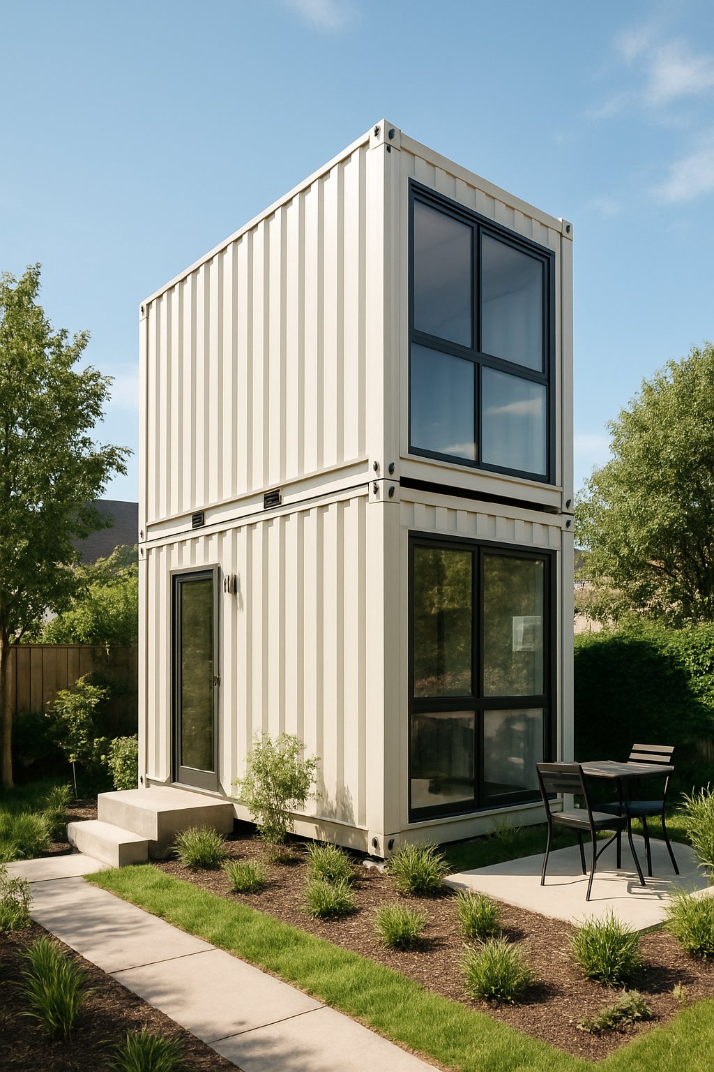 Two-storey small container house with large windows and a compact yard in a sunny outdoor setting.