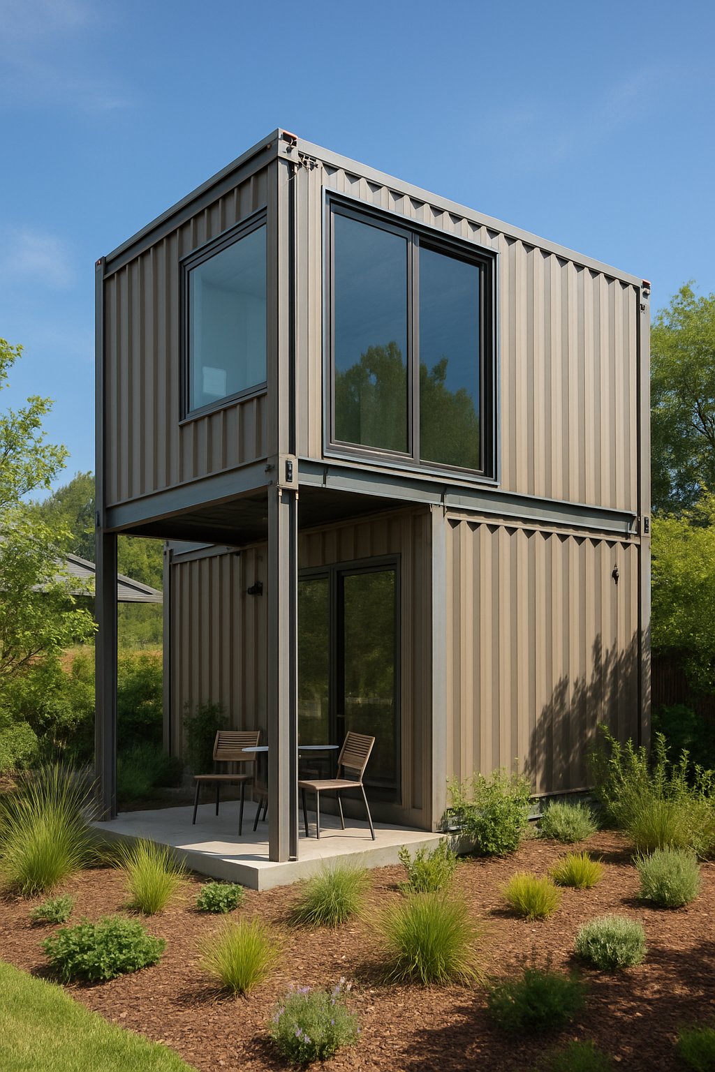 Two-storey small container house made from recycled steel surrounded by greenery on a sunny day.