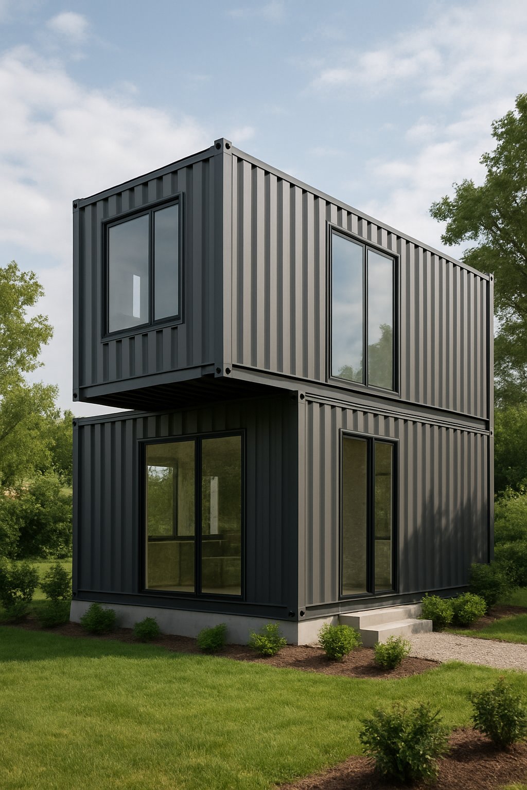 A two-storey small container house made from shipping containers with large windows and greenery around it.