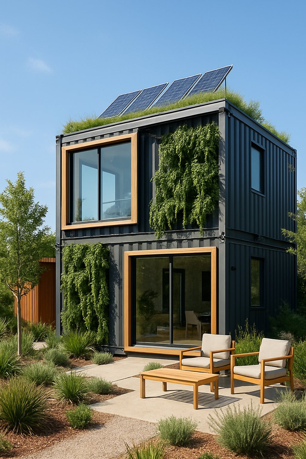 Two-storey small container house surrounded by greenery and plants under a clear sky.