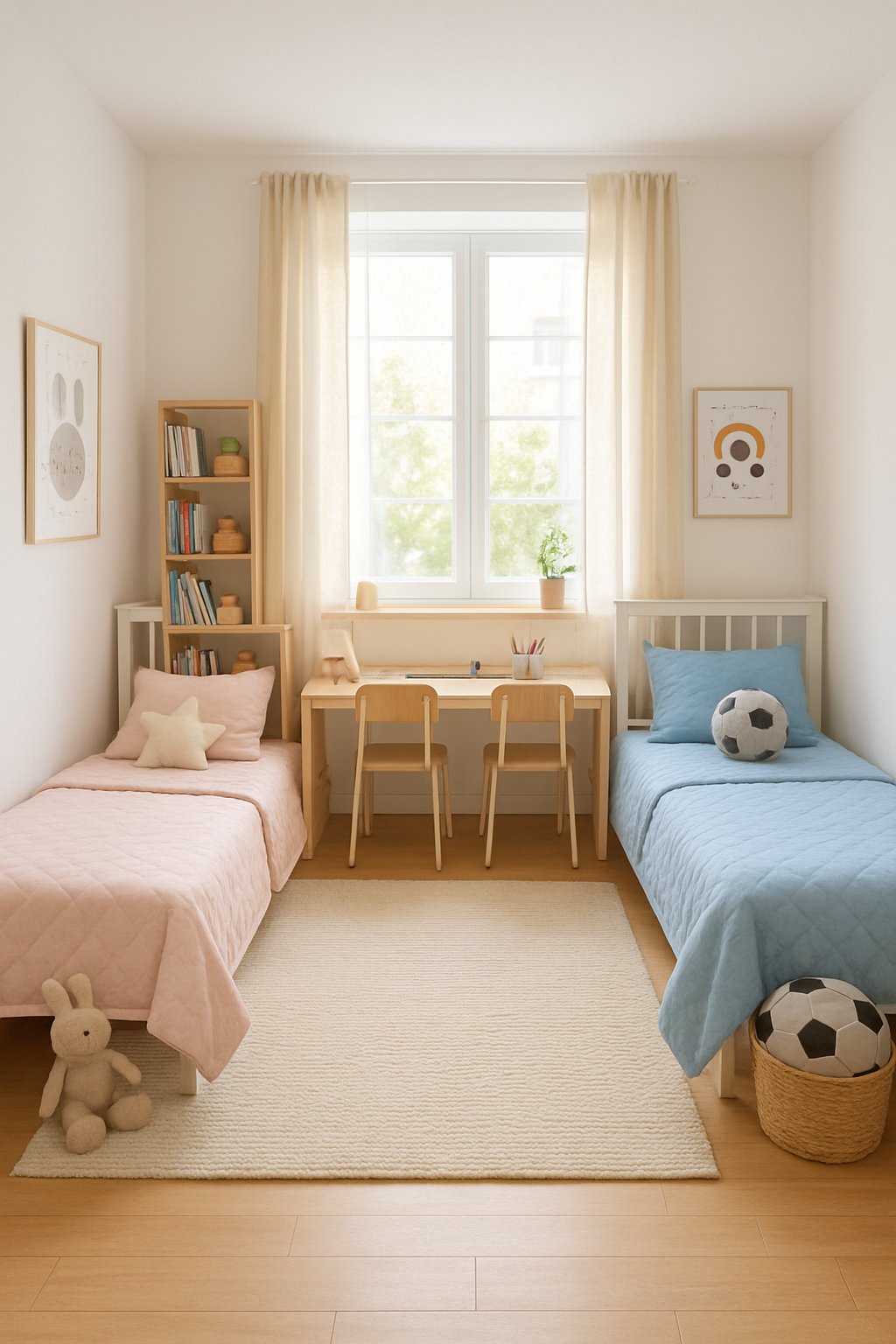 The Best Girl And Boy Shared Bedroom Design Ideas: 7 Inspiring Ways To Create Balanced Spaces 2 A shared bedroom with two beds, a study desk, bookshelf, and toys, designed for a young girl and boy.