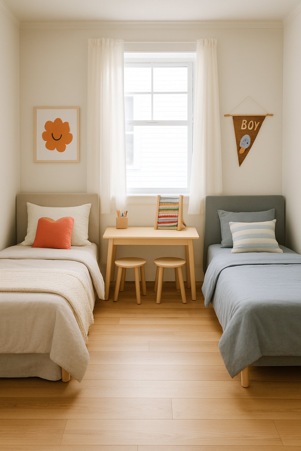 The Best Girl And Boy Shared Bedroom Design Ideas: 7 Inspiring Ways To Create Balanced Spaces 3 A shared bedroom with two beds featuring neutral bedding and personalized decorative accents, bright natural light, wooden floor, and minimal furniture.