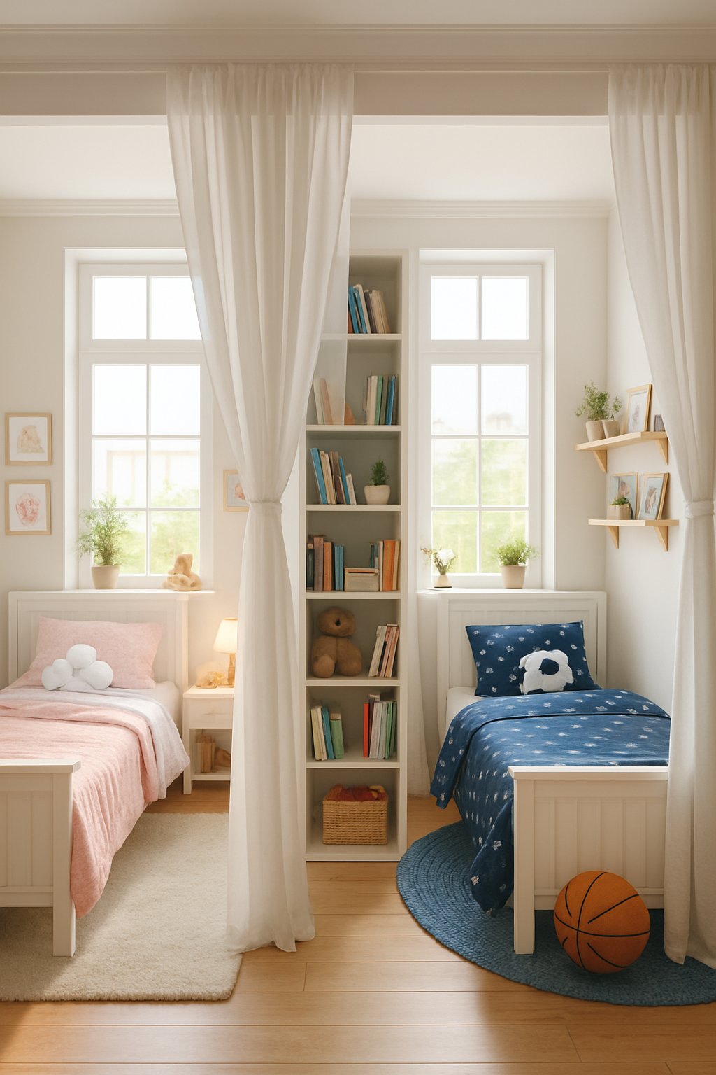 The Best Girl And Boy Shared Bedroom Design Ideas: 7 Inspiring Ways To Create Balanced Spaces 4 A shared bedroom for a girl and boy with separate areas divided by curtains and bookshelves, showing two distinct beds and personalized decor in a bright, well-lit room.