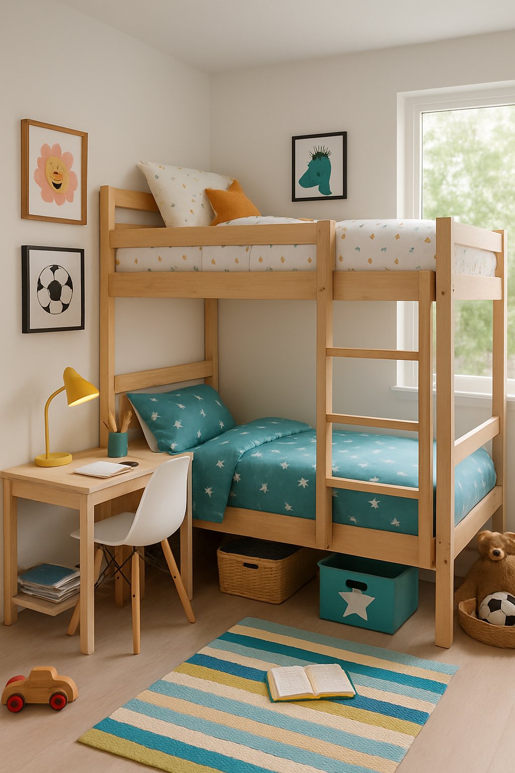 The Best Girl And Boy Shared Bedroom Design Ideas: 7 Inspiring Ways To Create Balanced Spaces 6 Shared children's bedroom with loft bunk beds and a study area underneath, featuring a desk, chair, and colorful decor.