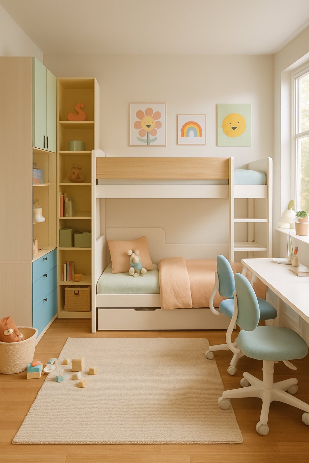 The Best Girl And Boy Shared Bedroom Design Ideas: 7 Inspiring Ways To Create Balanced Spaces 7 A shared children's bedroom with adaptable furniture, including a bunk bed, storage units, and a study area, brightly lit with natural light.