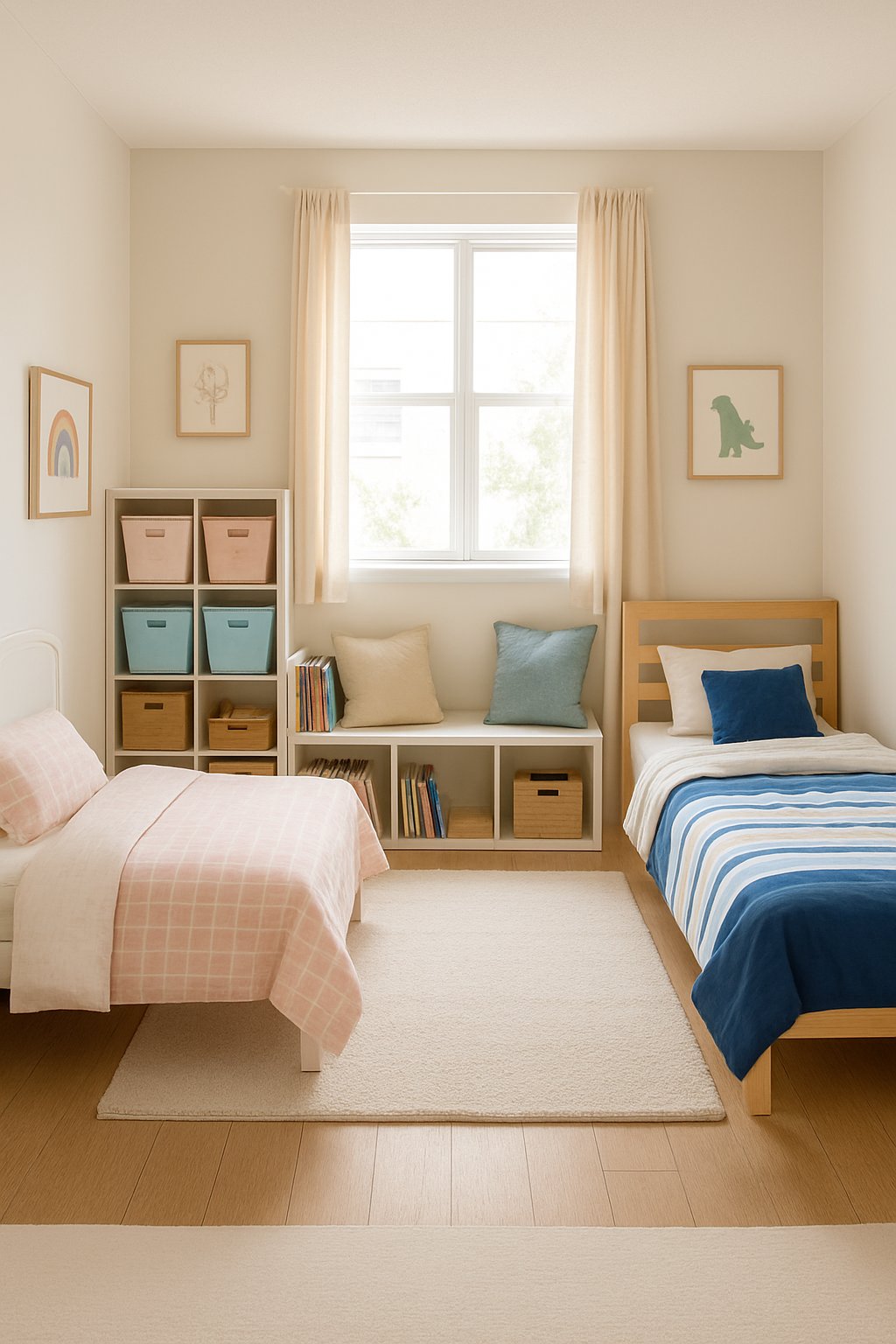 The Best Girl And Boy Shared Bedroom Design Ideas: 7 Inspiring Ways To Create Balanced Spaces 8 A shared bedroom with two beds, individual storage bins on shelves, and a bright, organized space for a girl and boy.