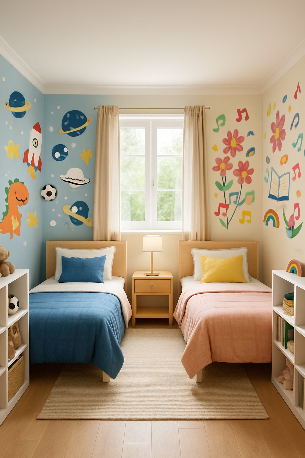 The Best Girl And Boy Shared Bedroom Design Ideas: 7 Inspiring Ways To Create Balanced Spaces 9 A shared bedroom for a girl and boy with creative wall art reflecting their interests, beds, and personalized decor.