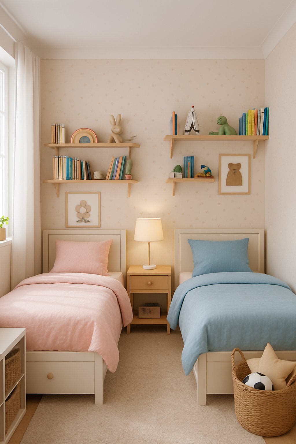 The Best Girl And Boy Shared Bedroom Design Ideas: 7 Inspiring Ways To Create Balanced Spaces 10 A shared bedroom with two beds, one pink and one blue, a nightstand between them, shelves with toys and books, and a window letting in natural light.