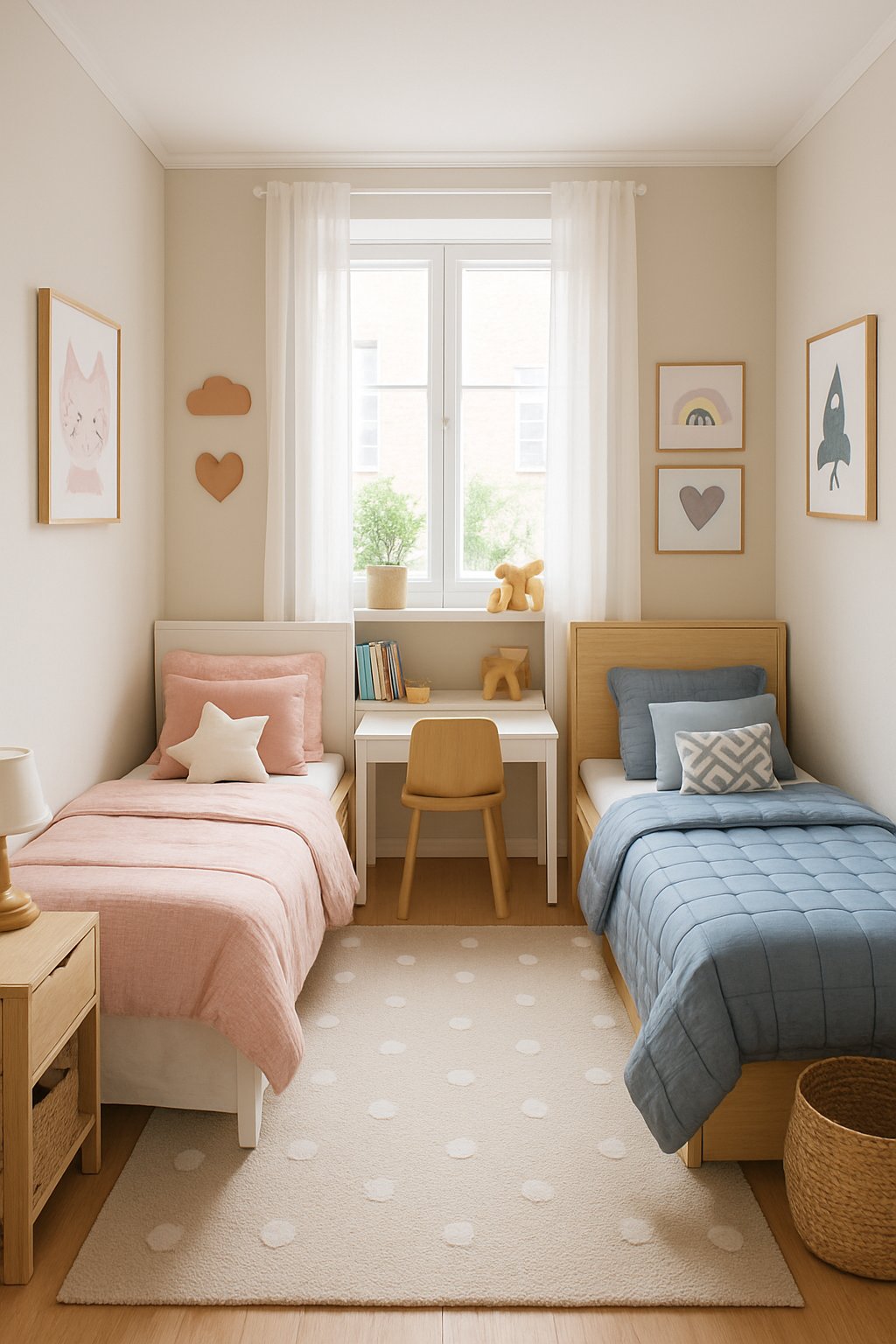 The Best Girl And Boy Shared Bedroom Design Ideas: 7 Inspiring Ways To Create Balanced Spaces 11 A shared bedroom with two beds, colorful bedding, shelves with books and toys, a desk, and natural light coming through a window.