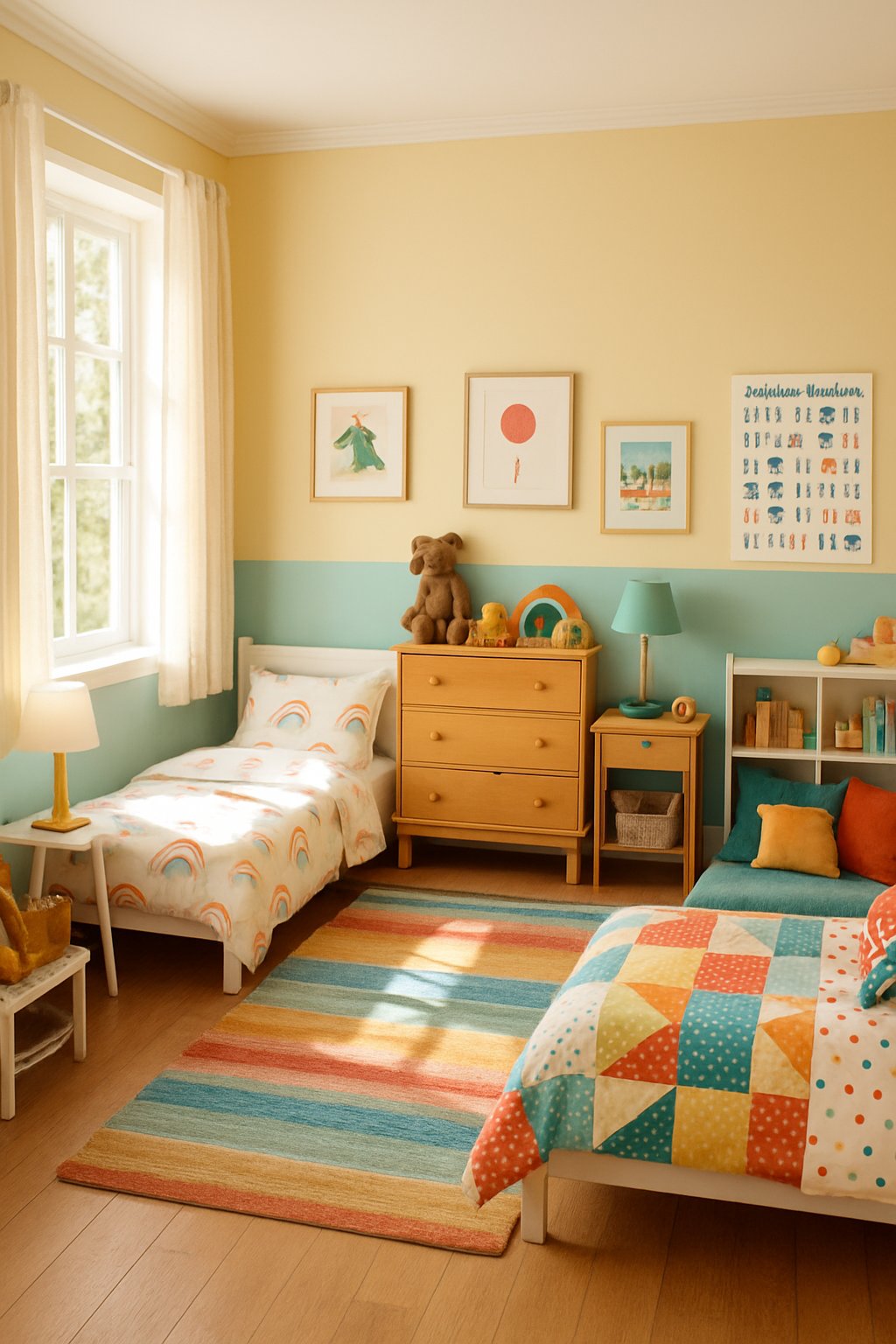 Double Children's Bedroom Ideas: 7 Smart Designs for Shared Spaces 2 A bright children's bedroom with two beds, colorful bedding, a shared dresser, toys, and a reading nook.