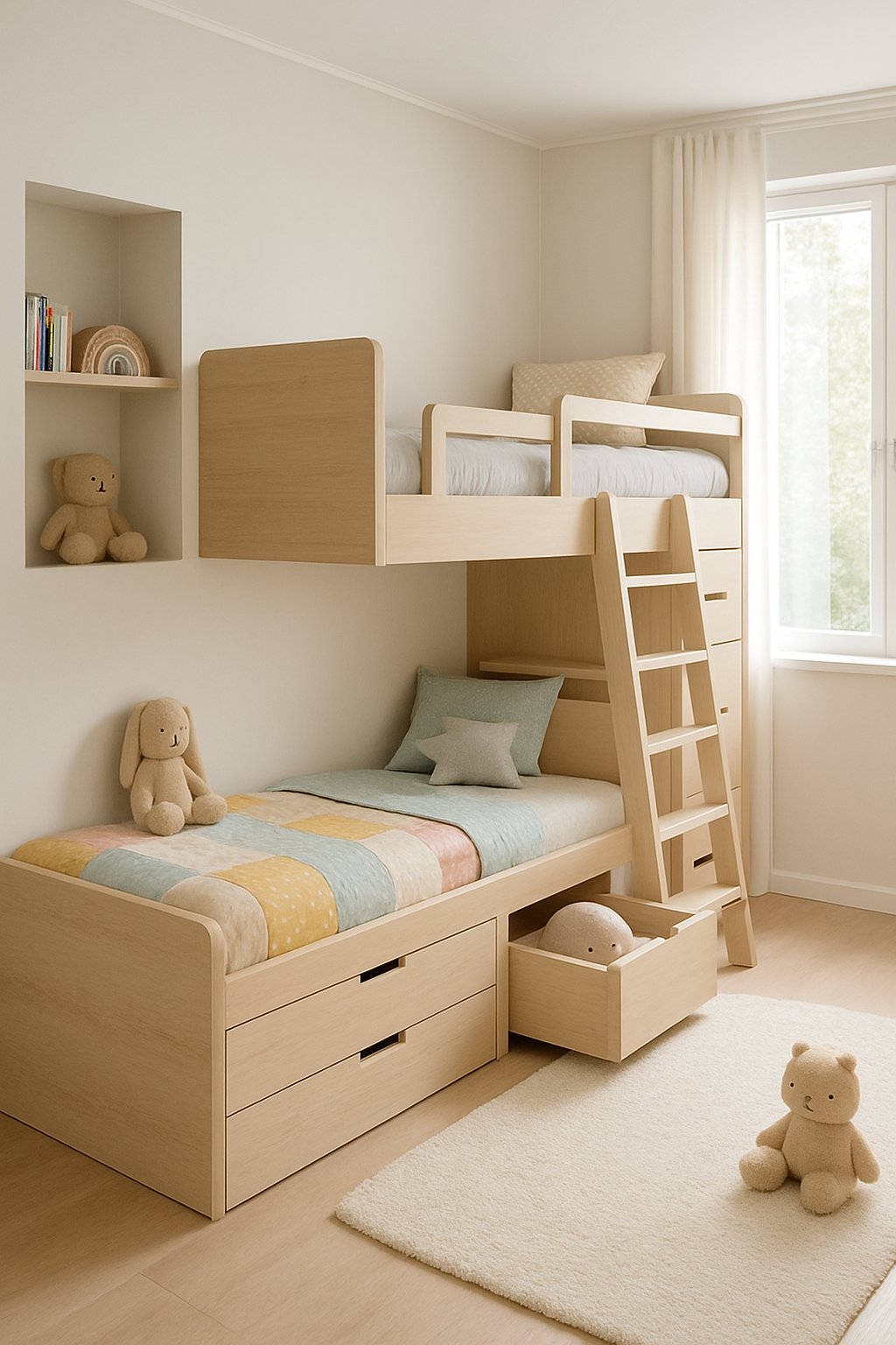 Double Children's Bedroom Ideas: 7 Smart Designs for Shared Spaces 3 A children's bedroom with built-in bunk beds that have hidden storage drawers and shelves, designed for two kids.