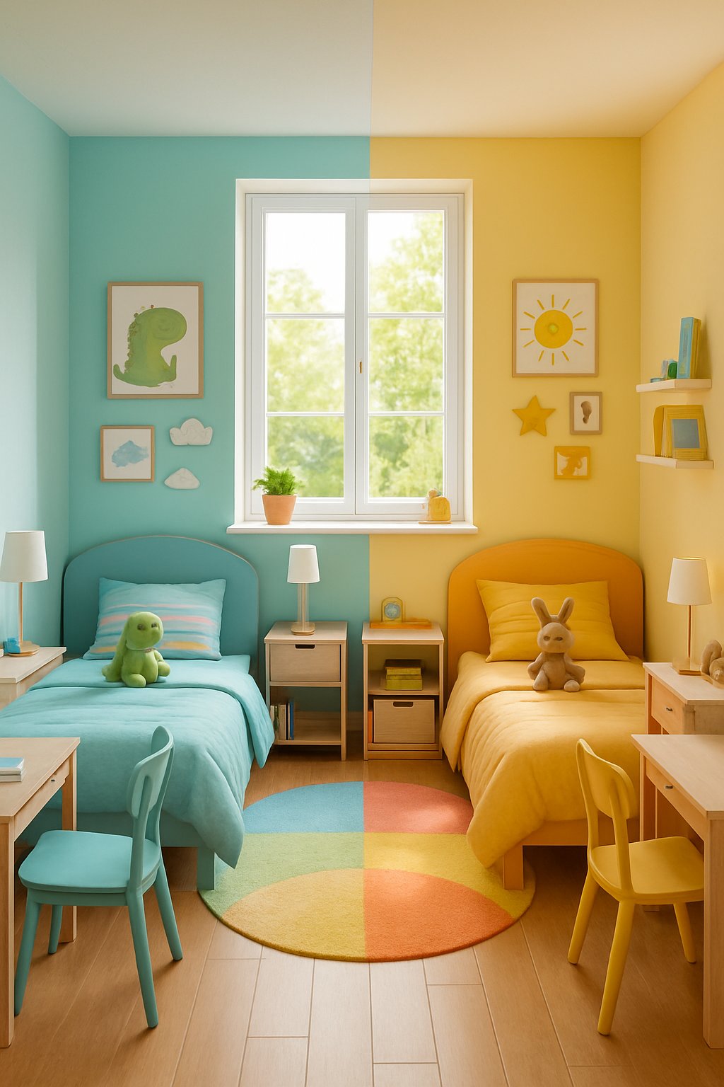 Double Children's Bedroom Ideas: 7 Smart Designs for Shared Spaces 4 A double children's bedroom with two beds separated by color-coded zones, each decorated with toys and personal items.