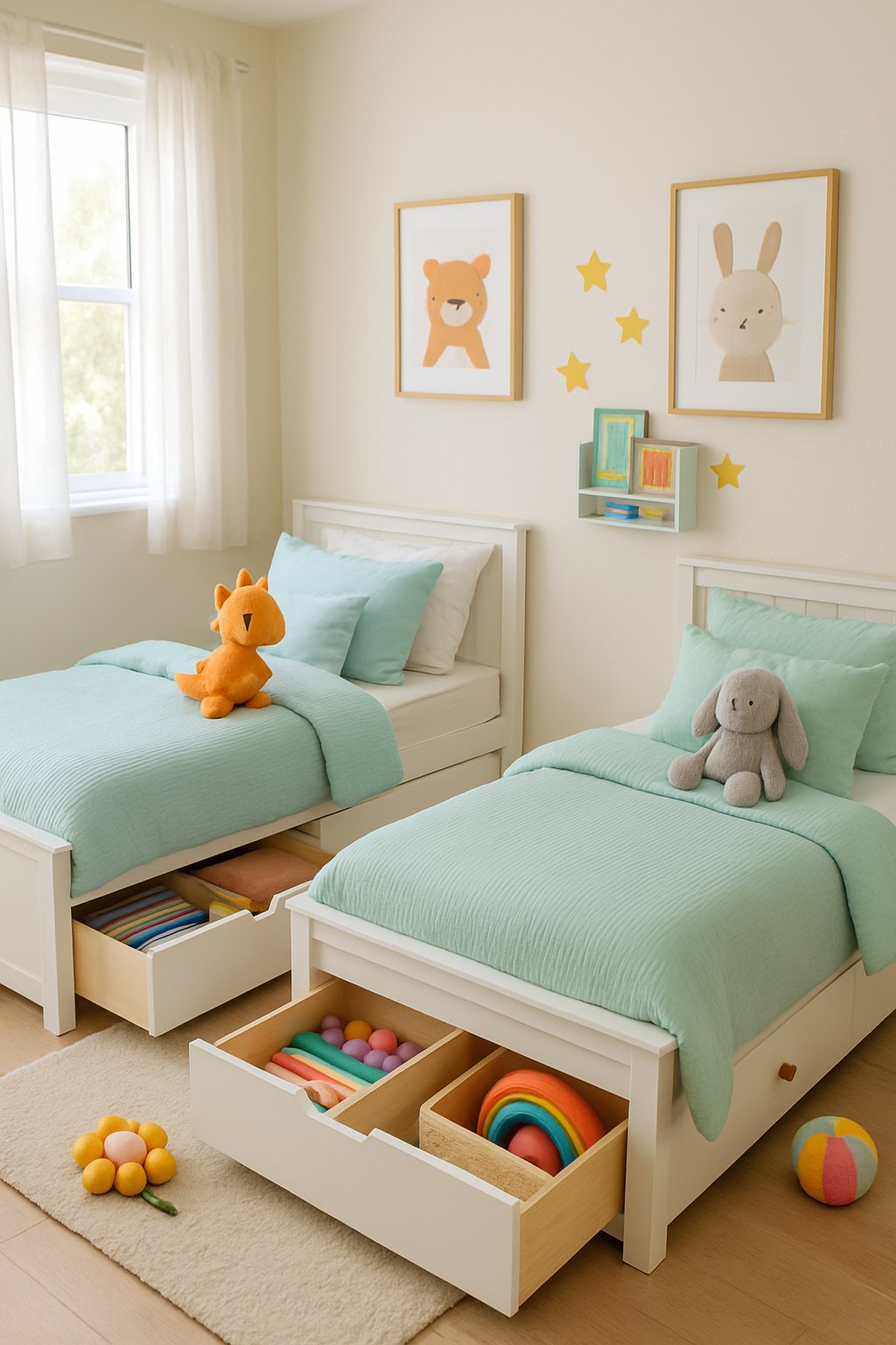 Double Children's Bedroom Ideas: 7 Smart Designs for Shared Spaces 5 A children's bedroom with twin beds that have under-bed drawers, decorated with pastel bedding and toys, with natural light coming through a window.