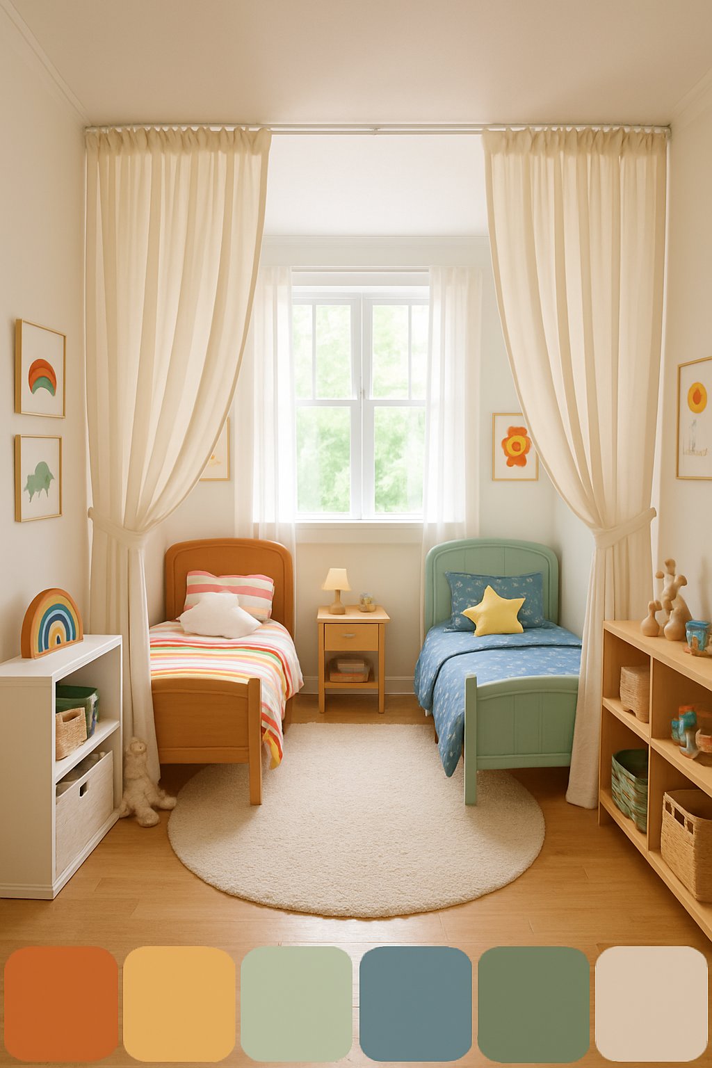 Double Children's Bedroom Ideas: 7 Smart Designs for Shared Spaces 6 Children's bedroom with two beds separated by light curtains, colorful decor, and natural light.