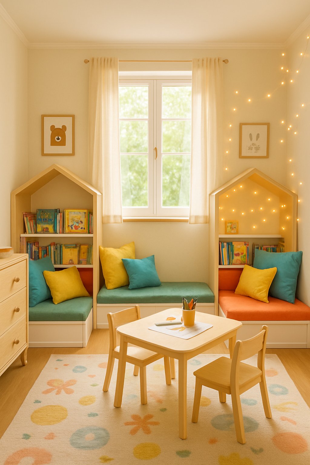 Double Children's Bedroom Ideas: 7 Smart Designs for Shared Spaces 7 Children's bedroom with two cozy reading nooks in separate corners, featuring bookshelves, cushions, and soft natural light.