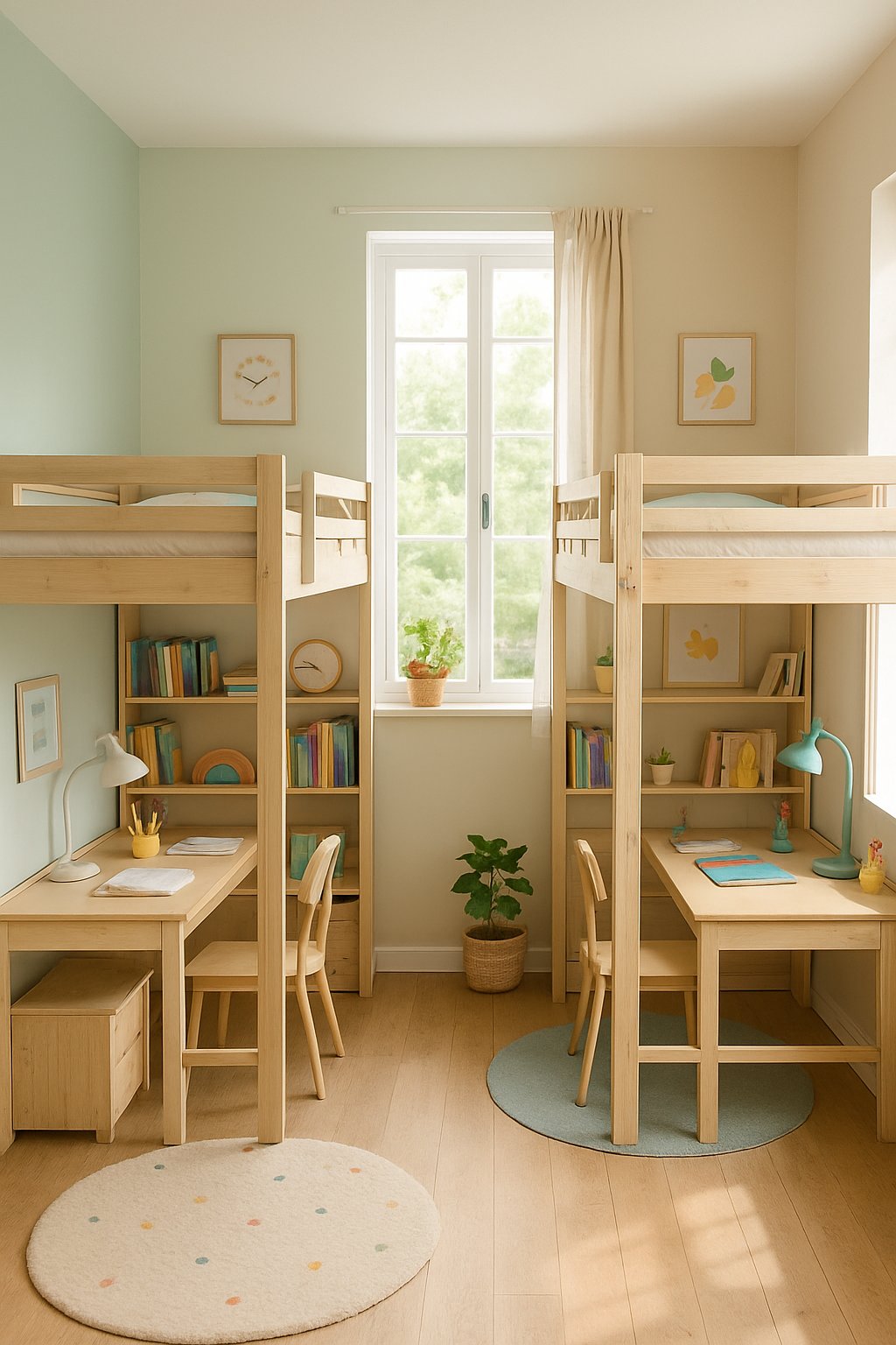Double Children's Bedroom Ideas: 7 Smart Designs for Shared Spaces 8 A children's bedroom with two loft beds, each having a desk and chair underneath, arranged side by side in a bright and tidy room.