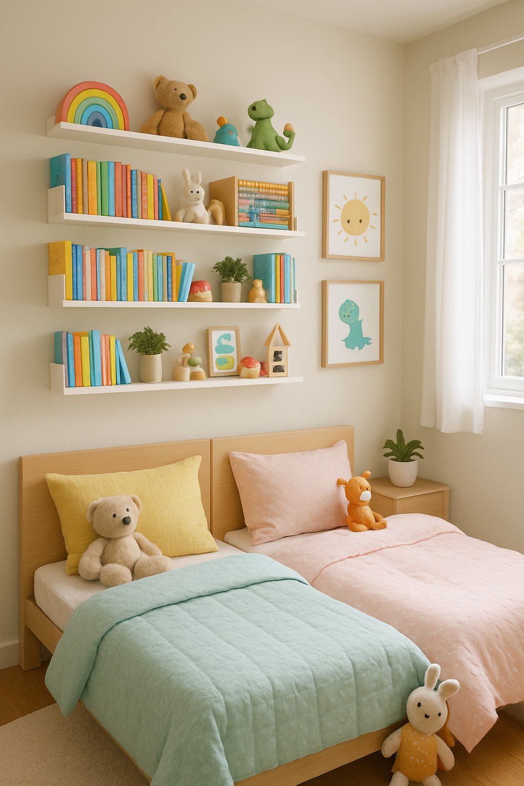 Double Children's Bedroom Ideas: 7 Smart Designs for Shared Spaces 9 A children's bedroom with wall-mounted shelves holding books and toys above a double bed.