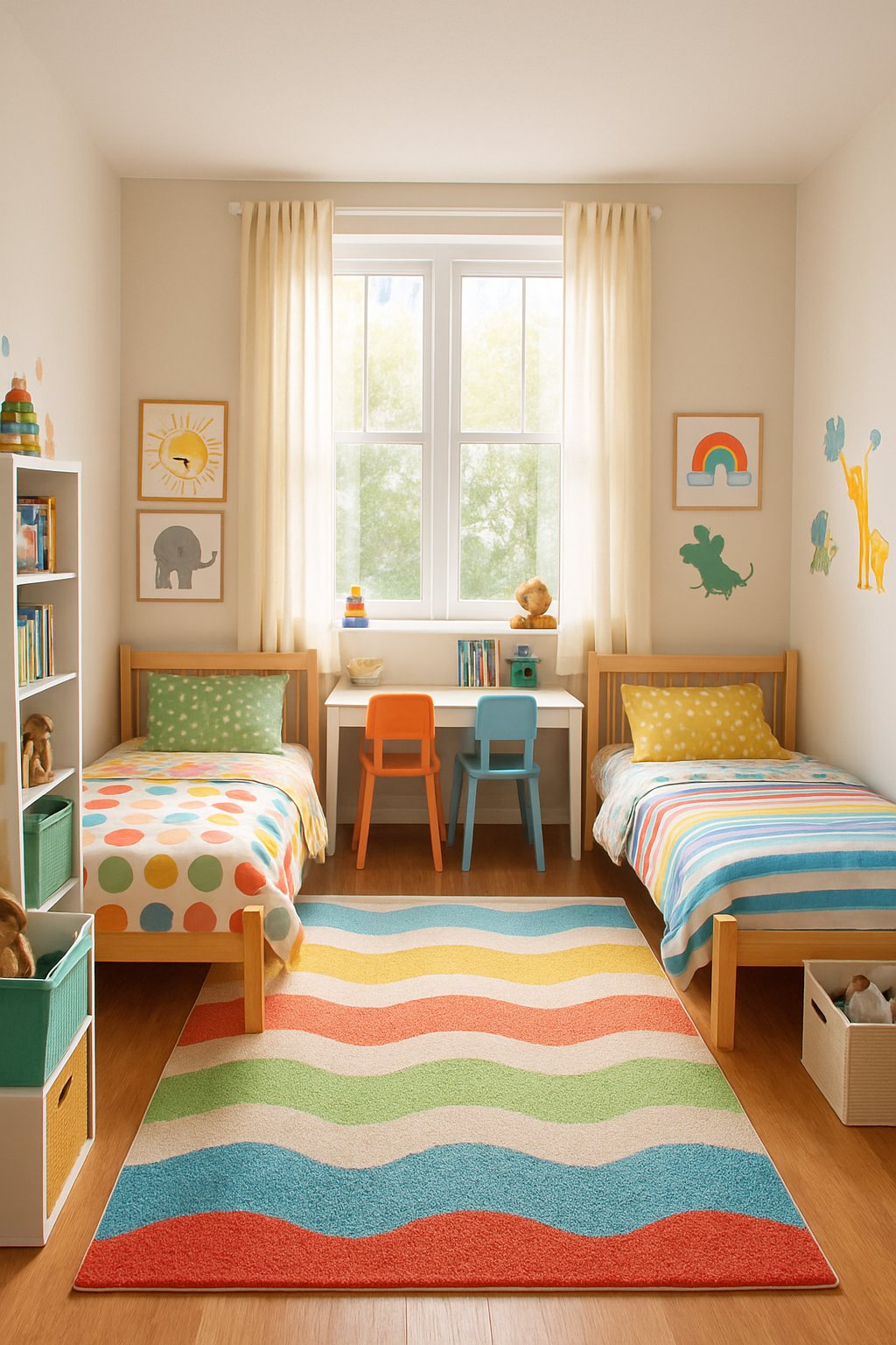 Double Children's Bedroom Ideas: 7 Smart Designs for Shared Spaces 10 A double children's bedroom with two beds, a shared desk, shelves with toys and books, and a large window letting in natural light.