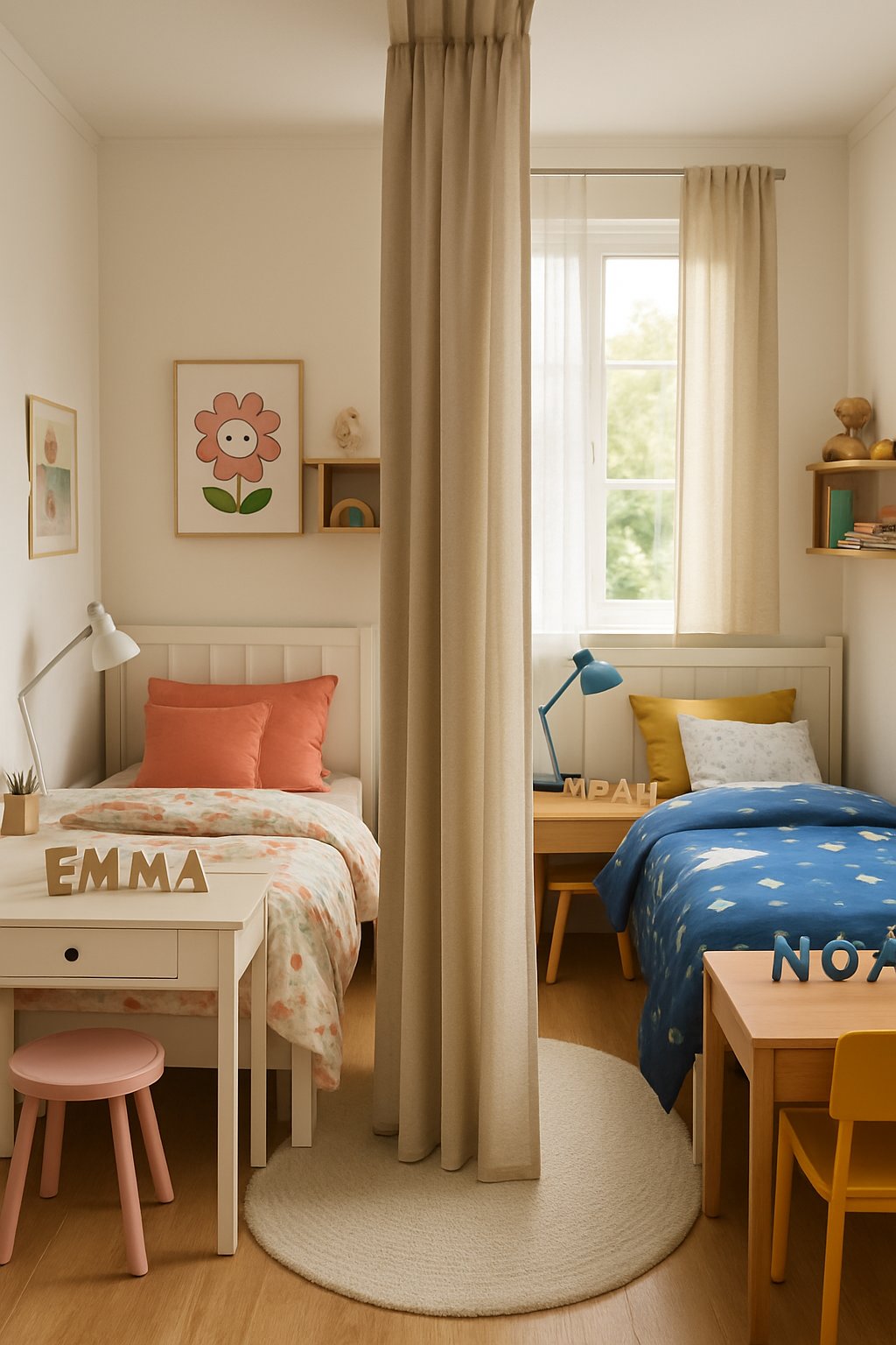 Double Children's Bedroom Ideas: 7 Smart Designs for Shared Spaces 11 A bright double children's bedroom with two separate beds divided by a room divider, each bed personalized with colorful bedding and toys, and natural light coming through windows.