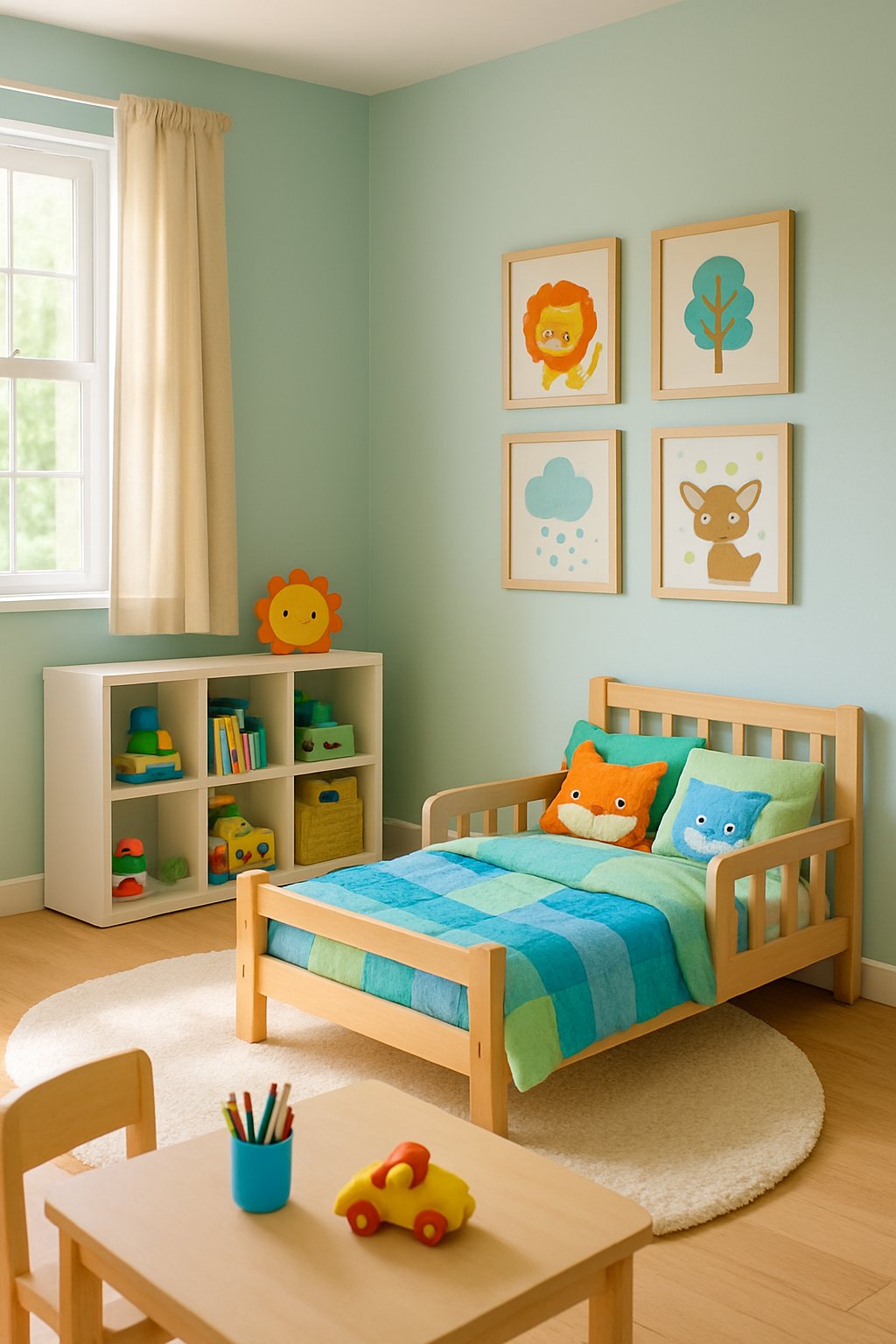 Toddler Boys Room Ideas: 7 Creative Designs for Every Style 2 A toddler boy's bedroom with a small bed, colorful bedding, toys, bookshelves, and soft natural light.