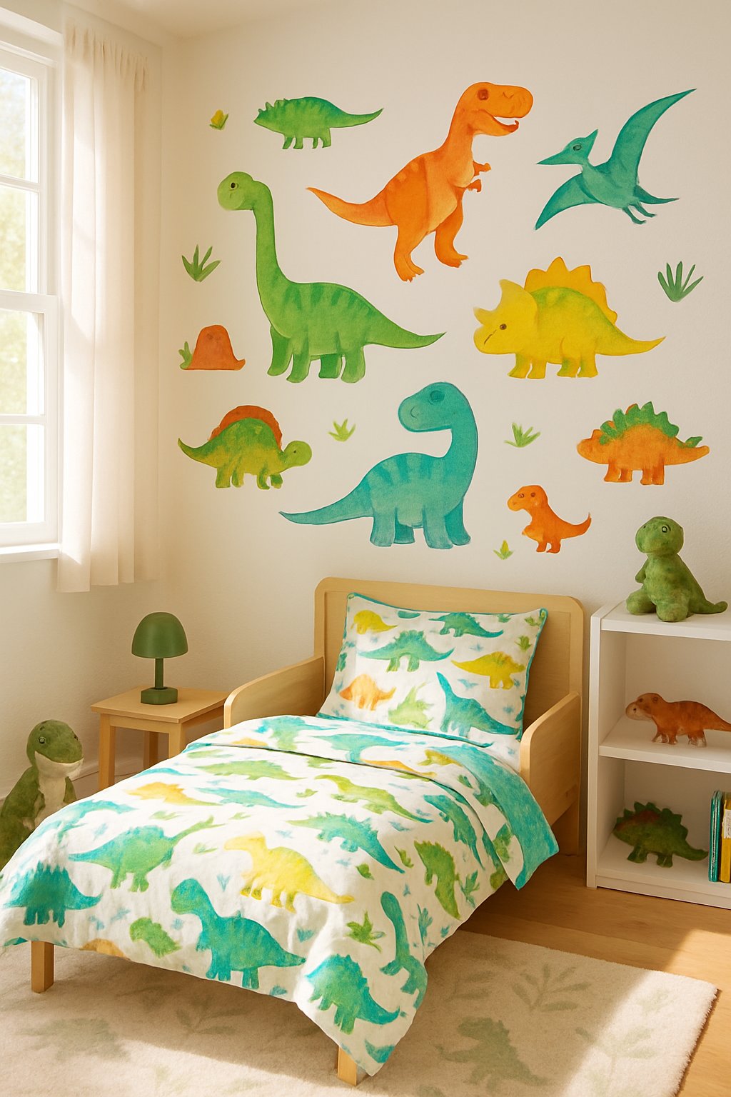 Toddler Boys Room Ideas: 7 Creative Designs for Every Style 3 A toddler boy's bedroom decorated with dinosaur wall decals and matching dinosaur-themed bedding.