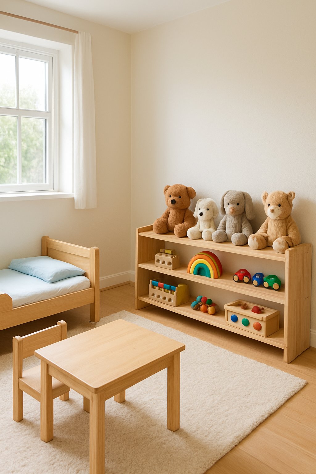 Toddler Boys Room Ideas: 7 Creative Designs for Every Style 4 A toddler boys' room with low wooden shelves neatly organized with toys and natural light coming through a window.