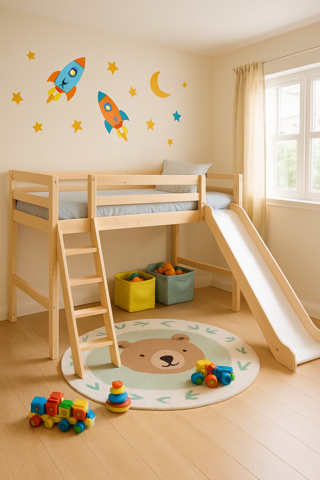 Toddler Boys Room Ideas: 7 Creative Designs for Every Style 5 A toddler boy's bedroom with a loft bed that has a slide, toys underneath, and bright natural lighting.