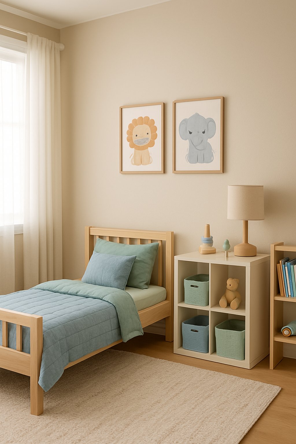 Toddler Boys Room Ideas: 7 Creative Designs for Every Style 6 A toddler boy's bedroom with a small bed, soft neutral walls, blue and green accents, toys, and natural light coming through a window.