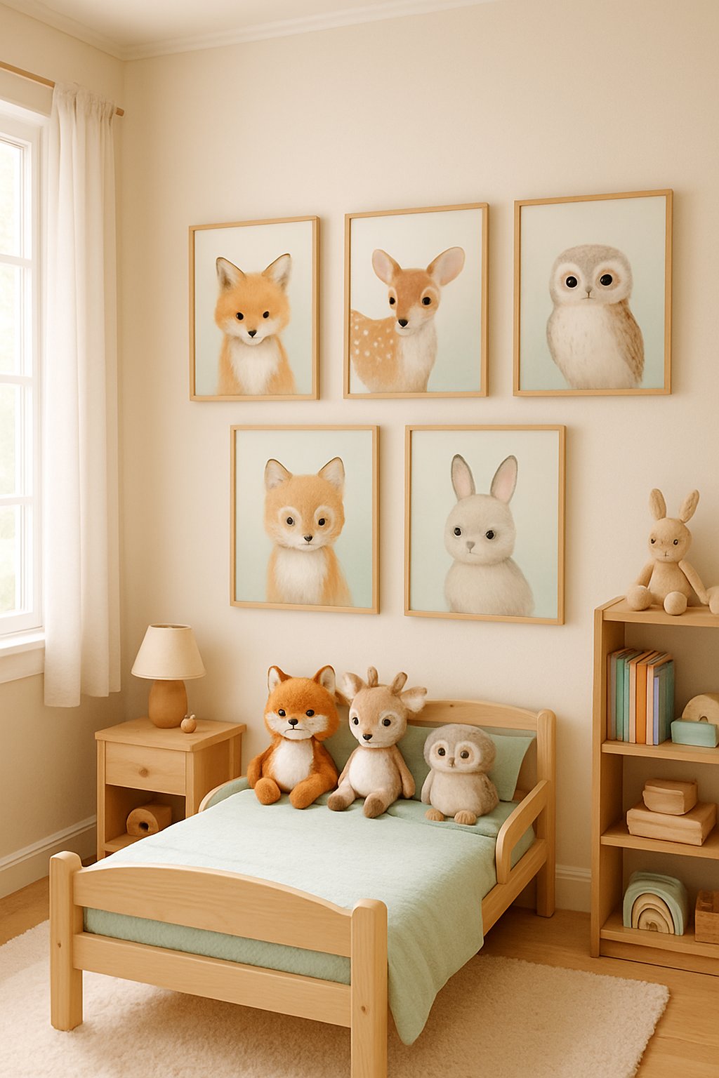 Toddler Boys Room Ideas: 7 Creative Designs for Every Style 7 A toddler boy's bedroom with woodland animal prints on the walls, a small bed with plush toys, wooden furniture, and natural light coming through a window.