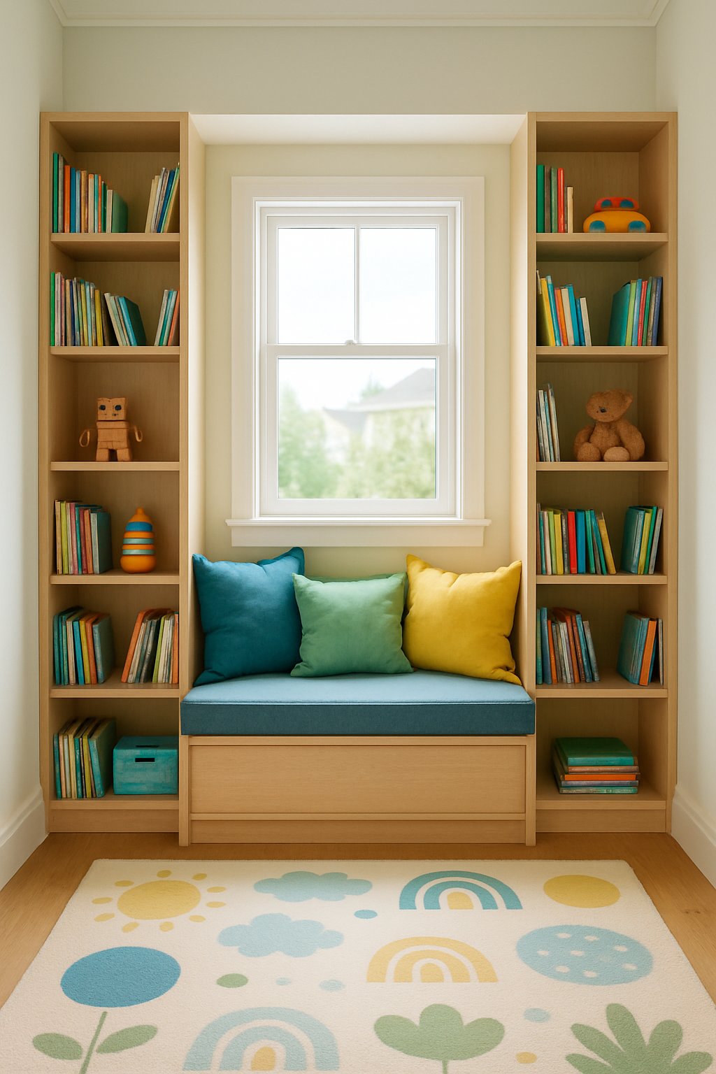 Toddler Boys Room Ideas: 7 Creative Designs for Every Style 8 A built-in reading nook with cushions and shelves filled with books and toys in a toddler boy's bedroom.
