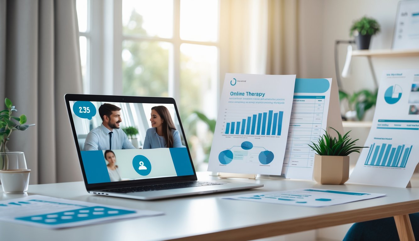A person using a laptop for an online therapy session in a bright home office with documents and charts on the desk.
