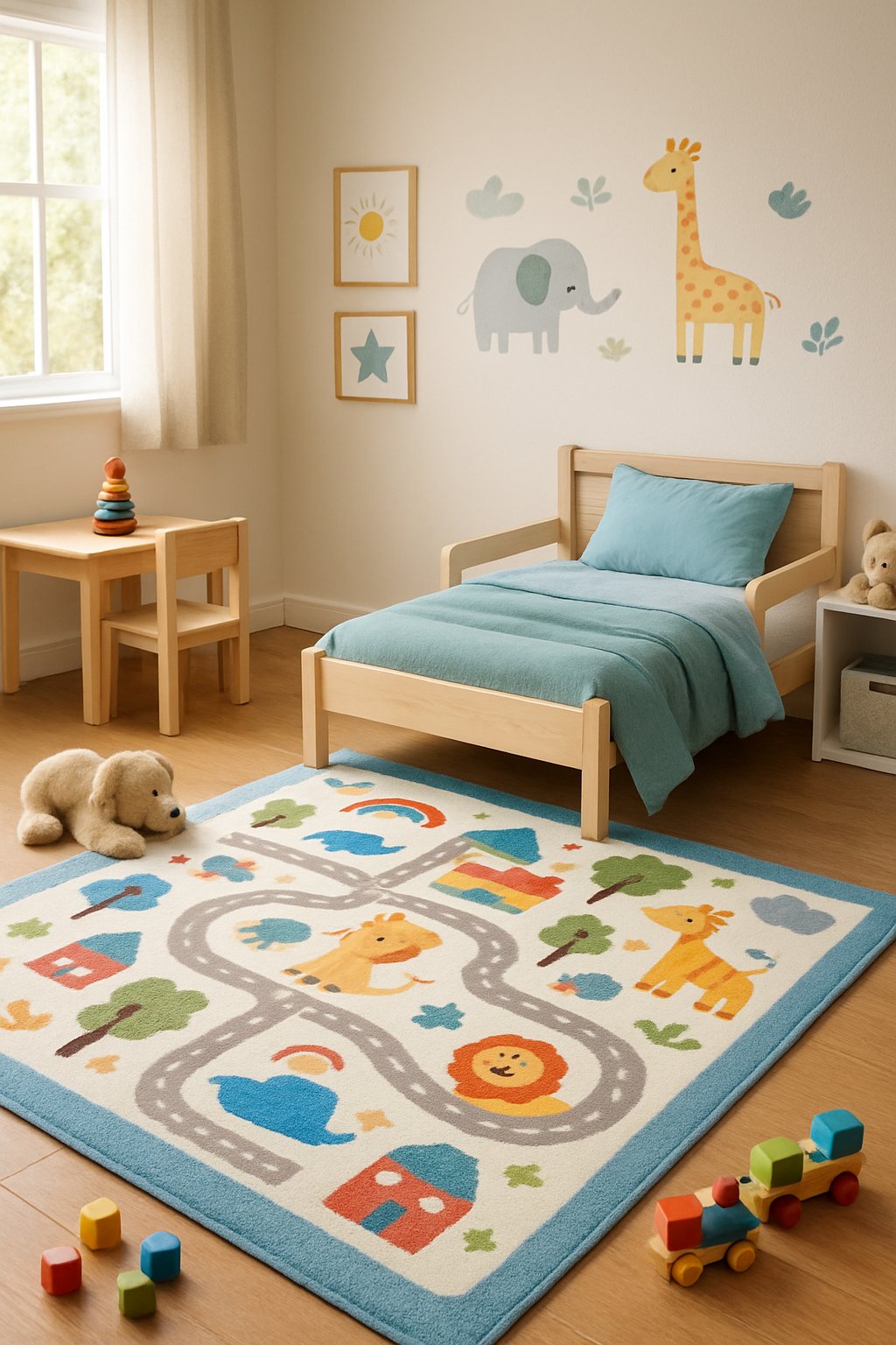 Toddler Boys Room Ideas: 7 Creative Designs for Every Style 9 A toddler boy's bedroom with a colorful area rug, toys scattered on the floor, and child-sized furniture.