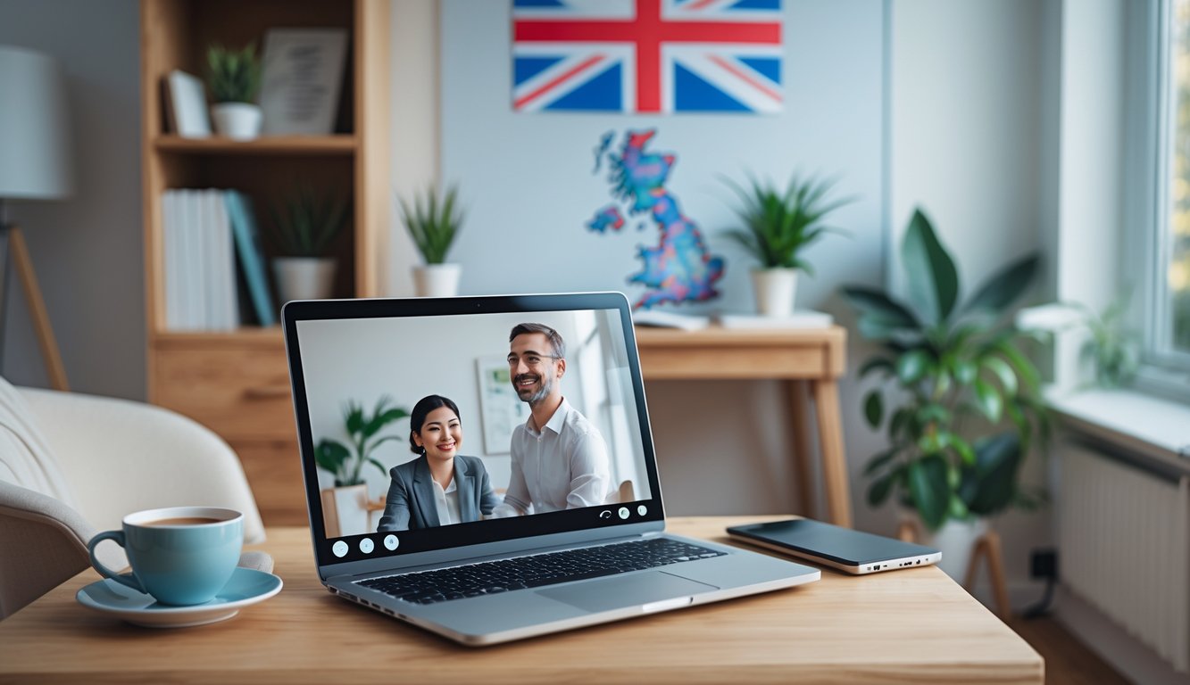 A home office setup with a laptop showing a video call between a therapist and a client, with UK-themed decor in the background.