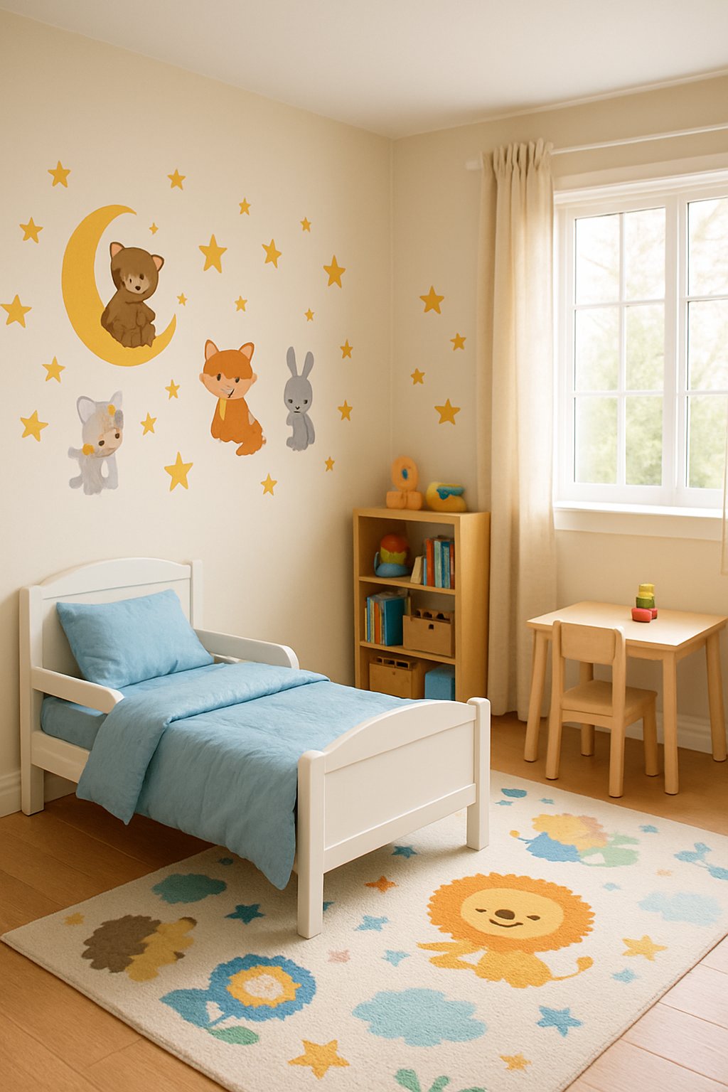 Toddler Boys Room Ideas: 7 Creative Designs for Every Style 10 A toddler boy's bedroom with a small bed, bookshelf with toys and books, a play rug, and a small table and chair near a window.