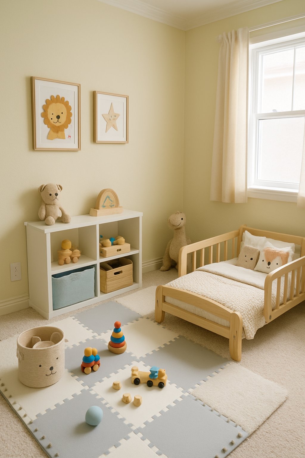 Toddler Boys Room Ideas: 7 Creative Designs for Every Style 11 A toddler boy's bedroom with a small bed, soft toys, play mats, and childproof safety features.