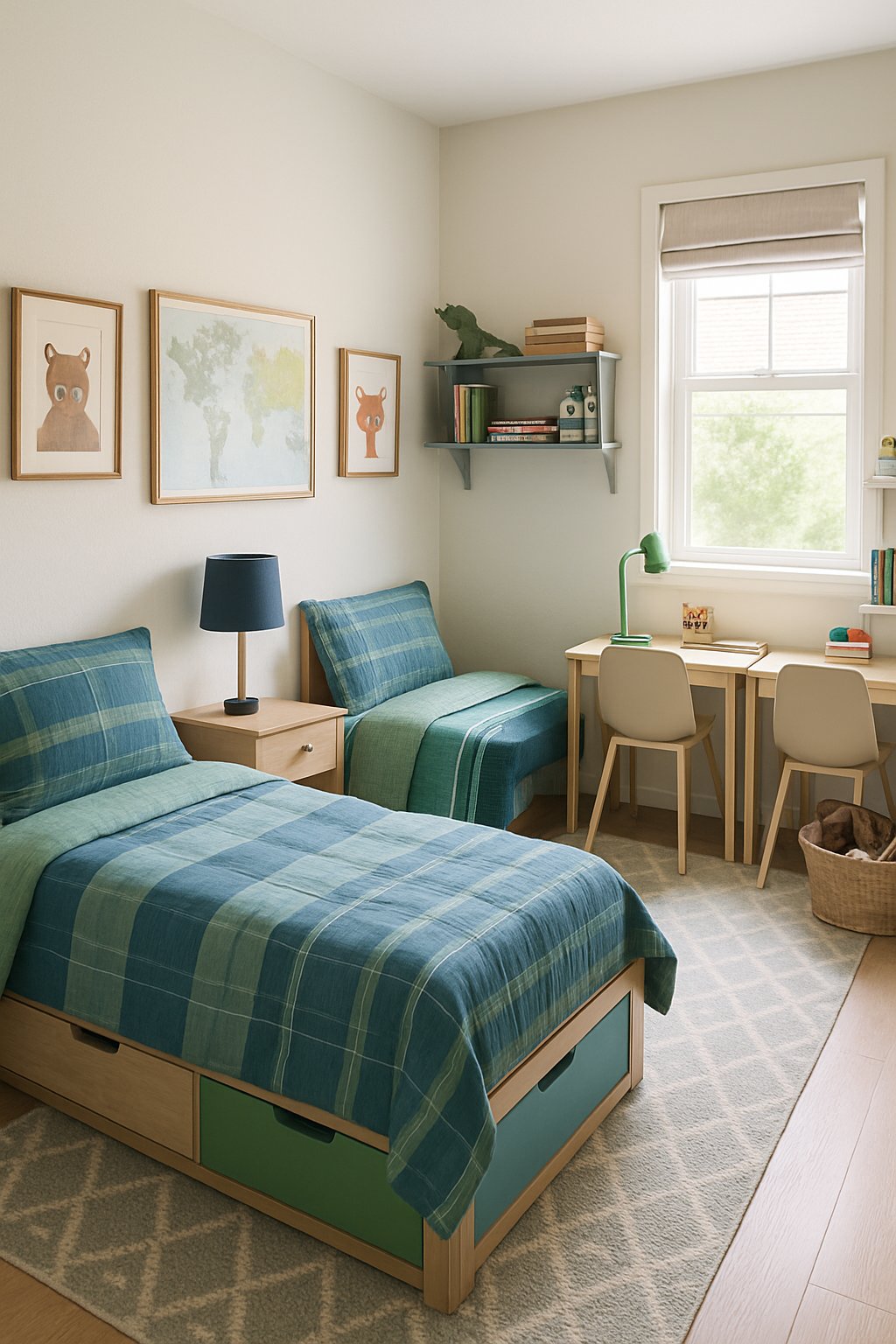 Twin Boys Bedroom Ideas For Small Room: 7 Smart Designs To Maximize Space 2 Small bedroom with two twin beds, a shared nightstand, study desks, and storage shelves arranged neatly for twin boys.