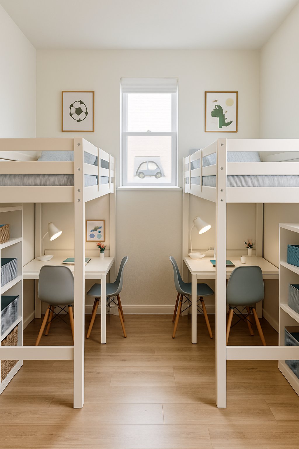 Twin Boys Bedroom Ideas For Small Room: 7 Smart Designs To Maximize Space 3 Small bedroom with two loft beds and built-in desks underneath, designed for twin boys with organized study areas and natural light.