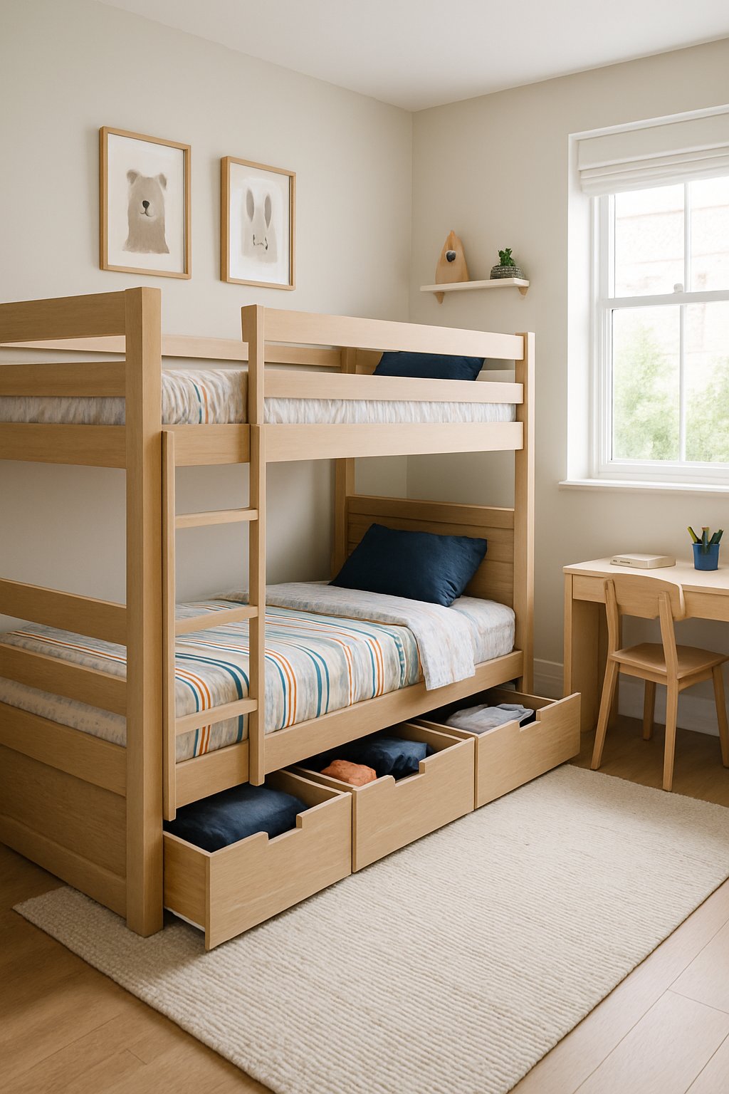 Twin Boys Bedroom Ideas For Small Room: 7 Smart Designs To Maximize Space 4 A small bedroom with bunk beds and under-bed storage drawers, designed for twin boys, featuring colorful bedding and organized space.
