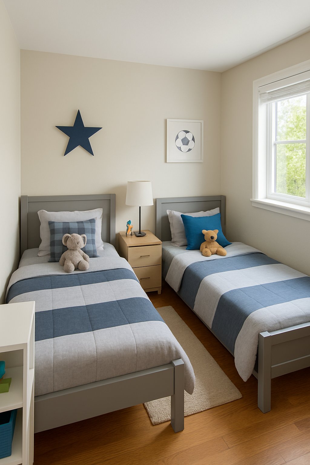 Twin Boys Bedroom Ideas For Small Room: 7 Smart Designs To Maximize Space 5 A small bedroom with two twin beds arranged in an L-shape in the corner, decorated for twin boys.