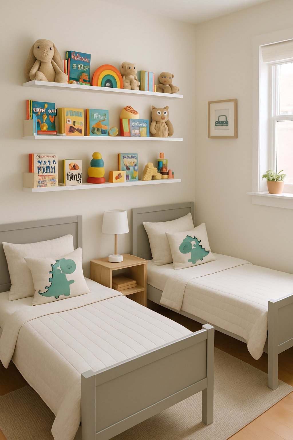Twin Boys Bedroom Ideas For Small Room: 7 Smart Designs To Maximize Space 6 A small bedroom with twin beds and wall-mounted shelves holding books and toys.