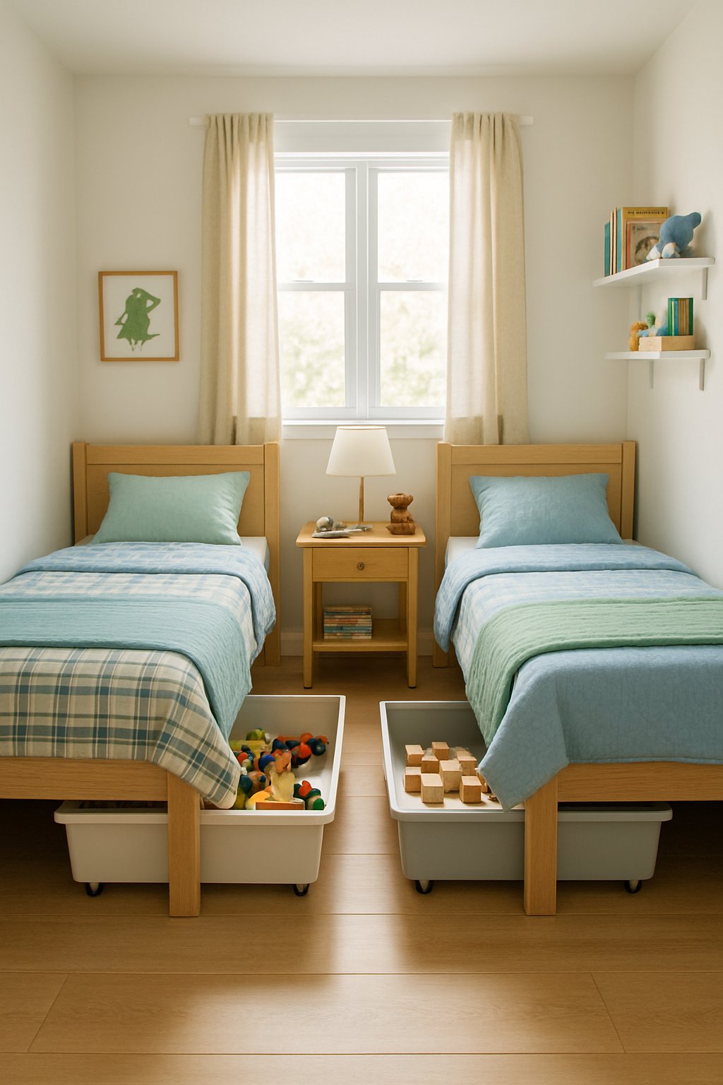 Twin Boys Bedroom Ideas For Small Room: 7 Smart Designs To Maximize Space 7 Small bedroom with two twin beds and rolling storage bins under each bed, designed for twin boys.