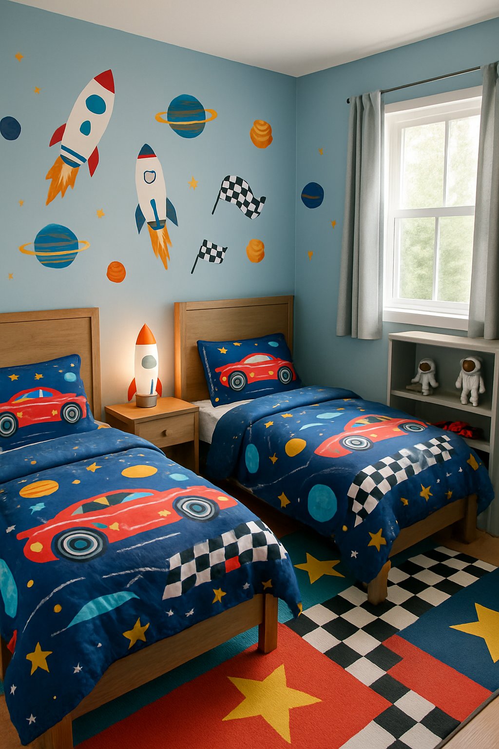 Twin Boys Bedroom Ideas For Small Room: 7 Smart Designs To Maximize Space 8 A small bedroom with two twin beds decorated with space and race car themes, including bedding, wall decals, and toys.