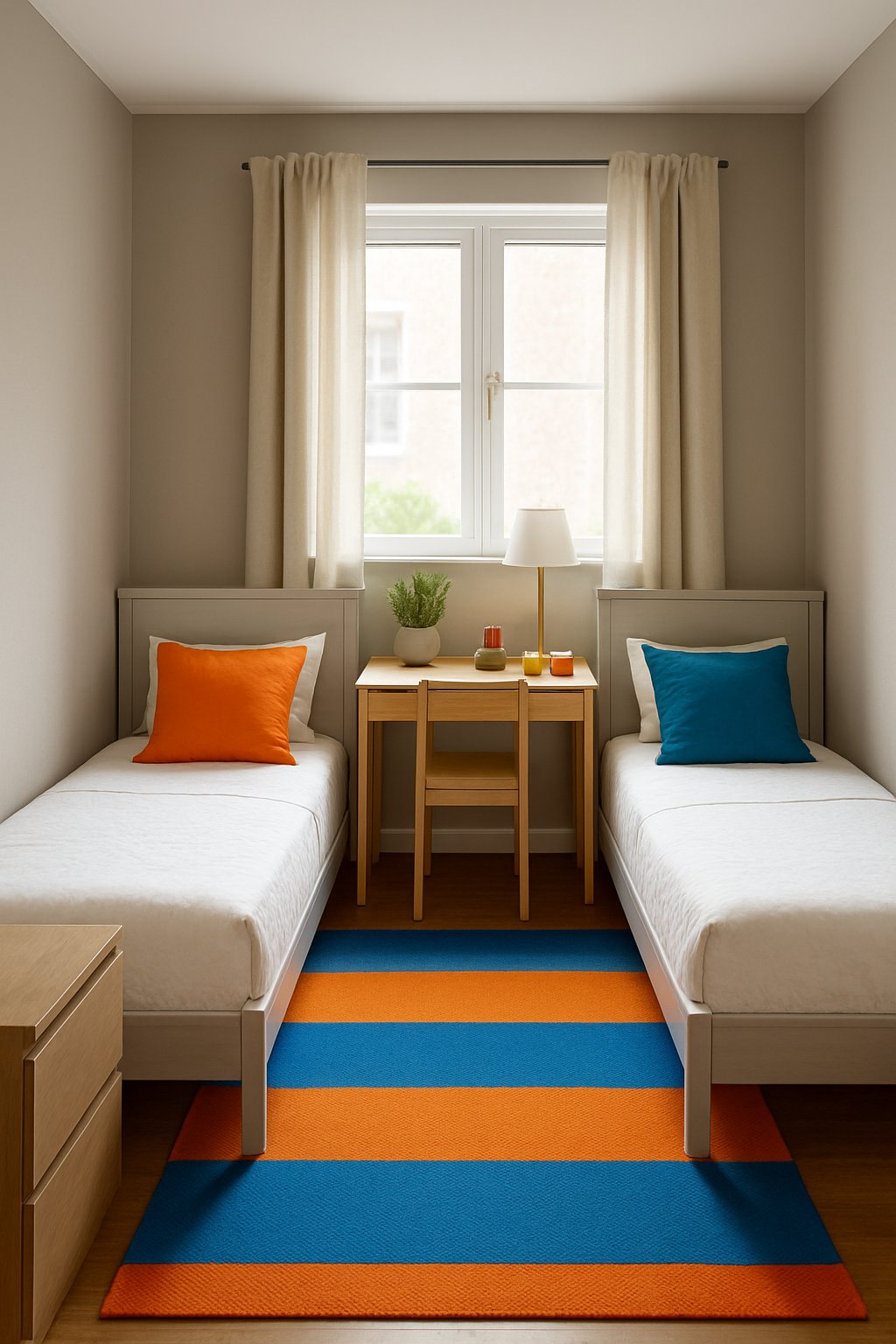 Twin Boys Bedroom Ideas For Small Room: 7 Smart Designs To Maximize Space 9 A small bedroom with two single beds, neutral walls, bright blue and orange accents, a desk, and natural light from a window.