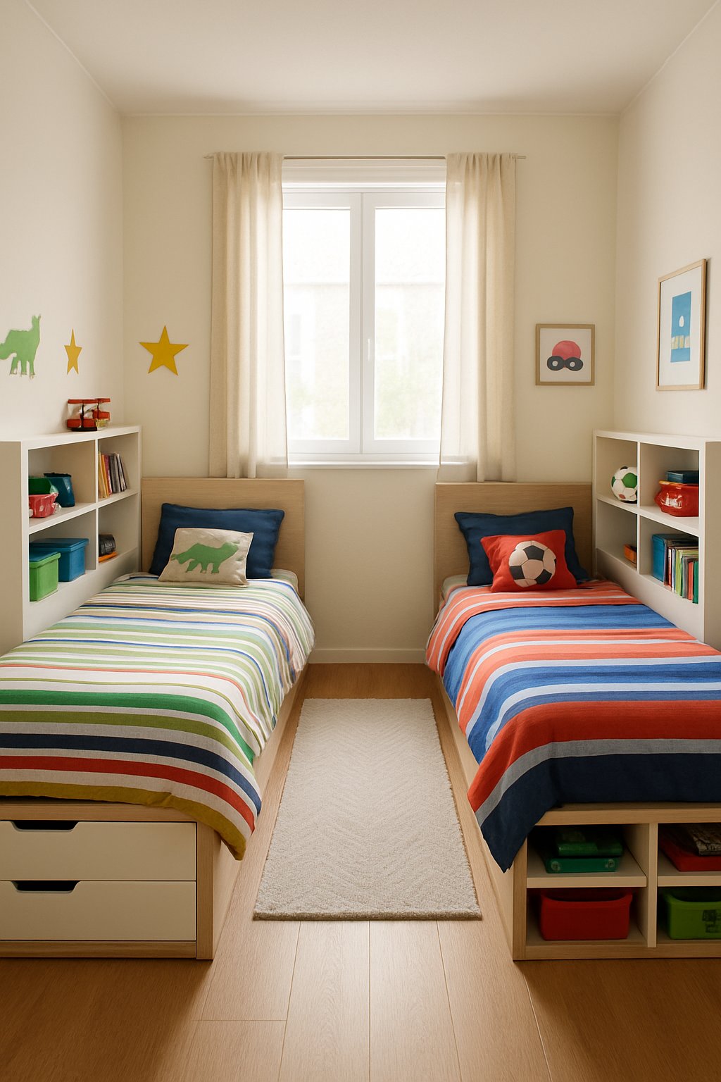Twin Boys Bedroom Ideas For Small Room: 7 Smart Designs To Maximize Space 10 A small bedroom with two twin beds, storage shelves, and colorful decor designed for twin boys.