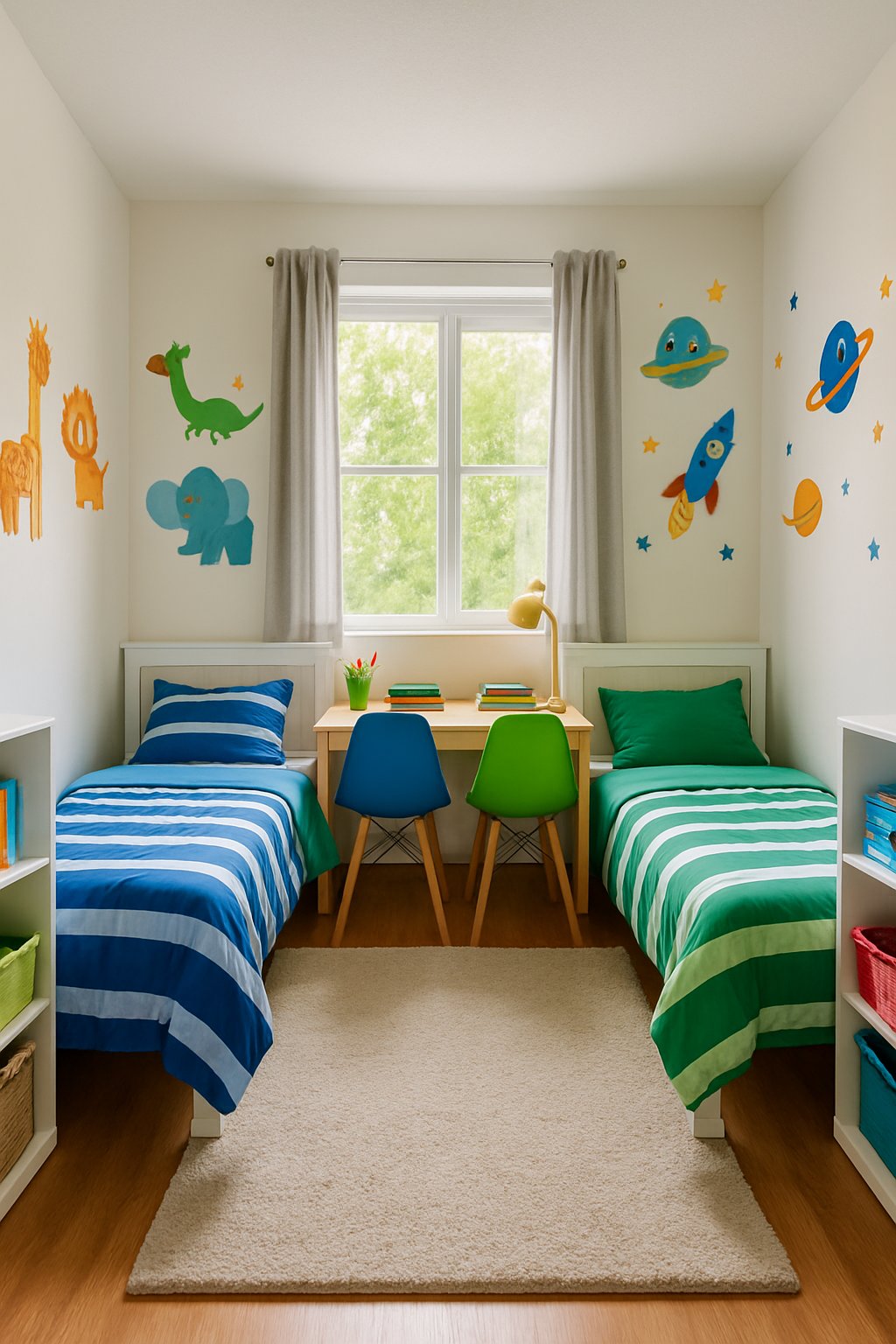 Twin Boys Bedroom Ideas For Small Room: 7 Smart Designs To Maximize Space 11 A small bedroom with two single beds and a shared study desk designed for twin boys.