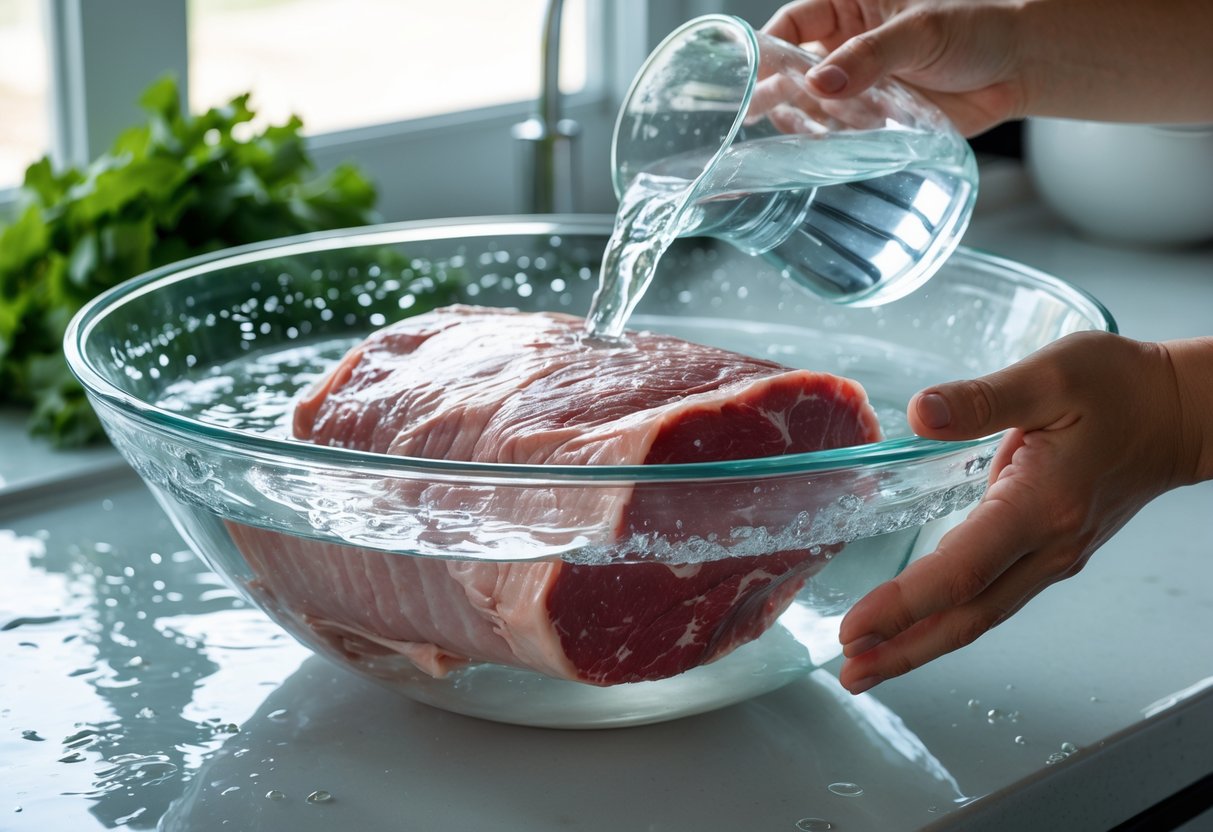 Mãos trocando água fria em uma tigela com carne crua dentro, em uma cozinha moderna.